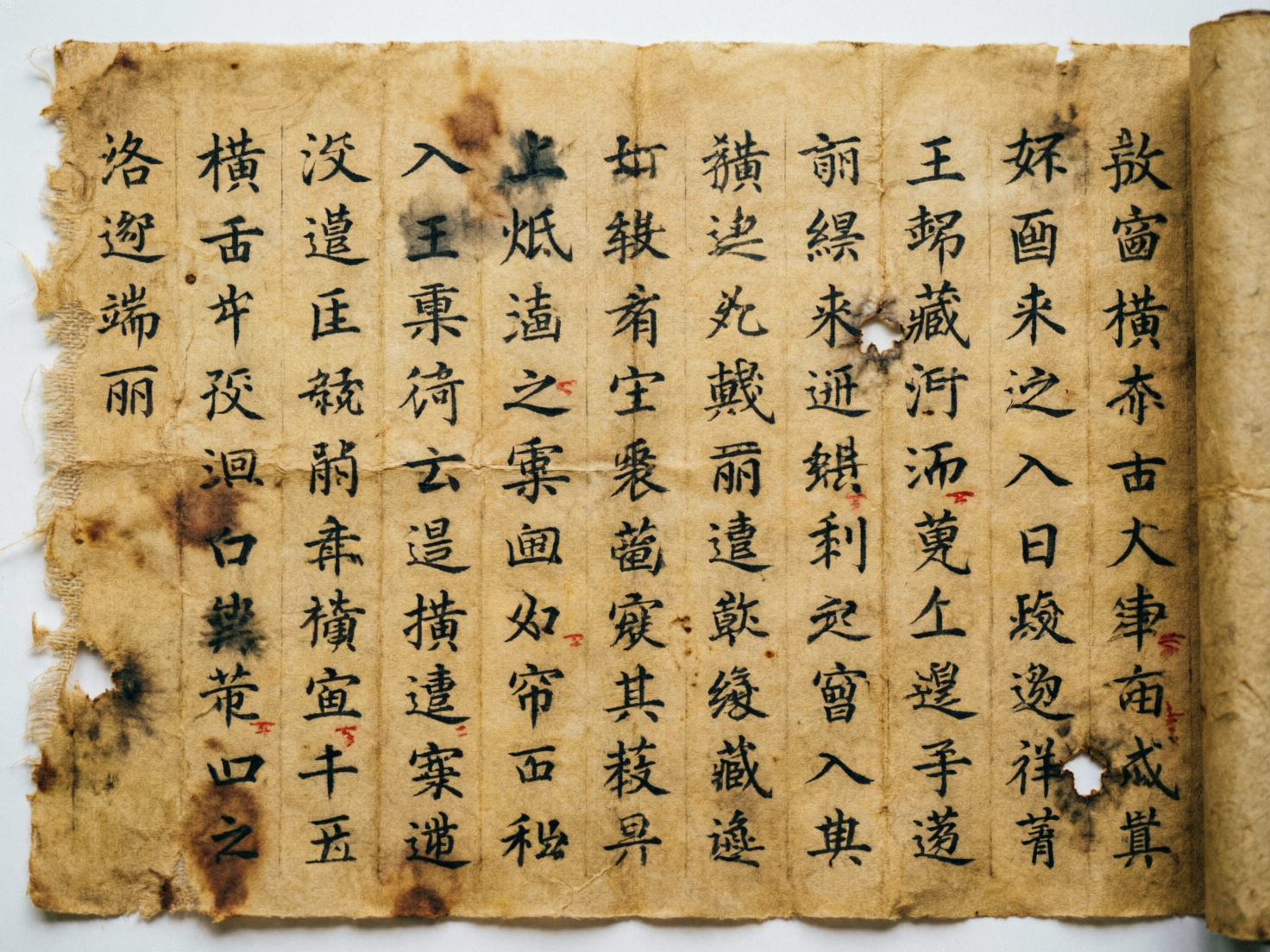 图中展示了一张模仿古代书法卷轴的纸张，整体色调呈现出陈旧的土黄色和褐色。纸张质感粗糙，边缘有明显的破损、毛边和不规则的撕裂感，表面还分布着深褐色的污渍、水渍以及几个类似虫蛀或火烧的小孔，营造出一种历经沧桑的古物氛围。画面中心排列着工整的竖排黑色毛笔字，字体介于隶书与楷书之间，笔画清晰。然而，作为 AI 生成的图像，画面存在明显的逻辑缺陷：虽然这些字符看起来像汉字，但绝大多数都是由随机笔画组合而成的“伪汉字”，无法实际阅读或对应真实的词义。此外，部分文字的笔画出现了不自然的断裂或重叠，纸张右侧的卷曲部分与主体的透视衔接略显生硬，文字的排版在边缘处也显得过于机械，缺乏真实手书的自然灵动感。