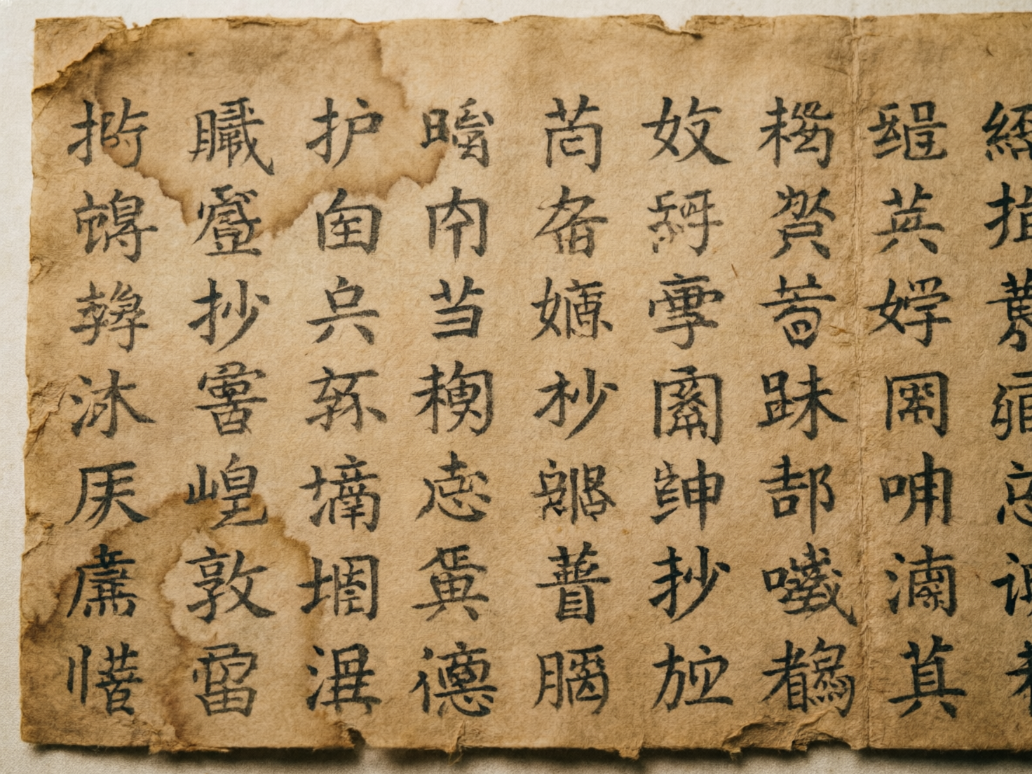 图中展示了一张具有古旧质感的纸张，上面排列着整齐的黑色仿古汉字。纸张呈现出深浅不一的土黄色，边缘粗糙且有明显的破损与撕裂感，左侧和顶部还有几处深褐色的水渍或油渍残留，营造出一种历经岁月的古籍残页氛围。画面构图平实，文字呈纵向排列，书法风格介于楷书与隶书之间，笔画清晰。然而，作为 AI 生成的图像，画面存在明显的逻辑缺陷：虽然这些字符看起来非常像汉字，但仔细观察会发现它们大多是随机拼凑的“伪汉字”，笔画结构不符合任何真实的汉字规范，无法实际阅读。此外，纸张表面的纹理在某些文字交接处显得不够自然，文字的墨迹深浅过于均匀，缺乏真实书法中墨色干湿浓淡的变化。
