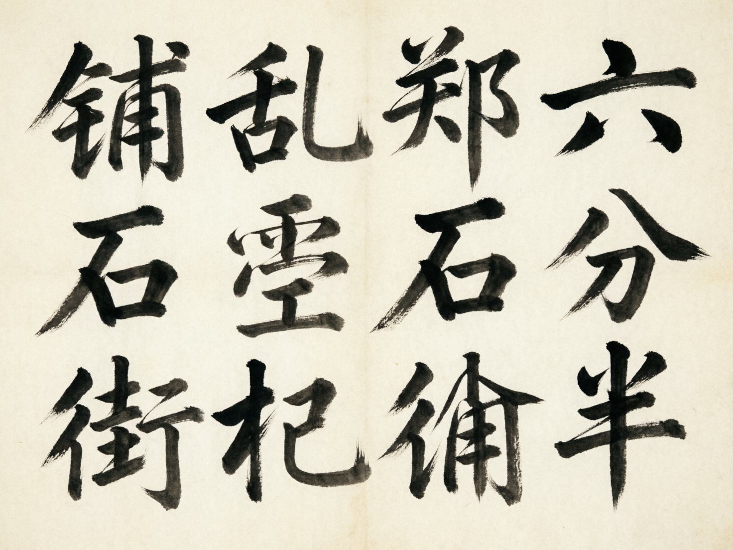 图中展示了一幅模拟中国传统书法作品的画面。背景是带有细微纤维纹理的米黄色宣纸，纸张中心有一条淡淡的垂直折痕。画面上整齐地排列着三行四列，共十二个黑色毛笔书写的汉字。书法风格尝试模仿隶书与行书的结合，笔触厚重，带有明显的枯笔飞白效果。

然而，作为 AI 生成的内容，画面存在显著的文字逻辑缺陷。虽然每个字看起来都有汉字的间架结构，但大部分是无法辨认的“伪汉字”或结构错误的错别字。例如，第一行左起第一个字像是“铺”的变体，第二个字结构混乱；第二行出现了两个“石”字，但笔画连接生硬；第三行左起第一个字类似“街”，但偏旁部首比例失调。整体而言，这些字符缺乏真实的笔法逻辑，文字内容并无实际意义，属于典型的 AI 视觉模拟错误。