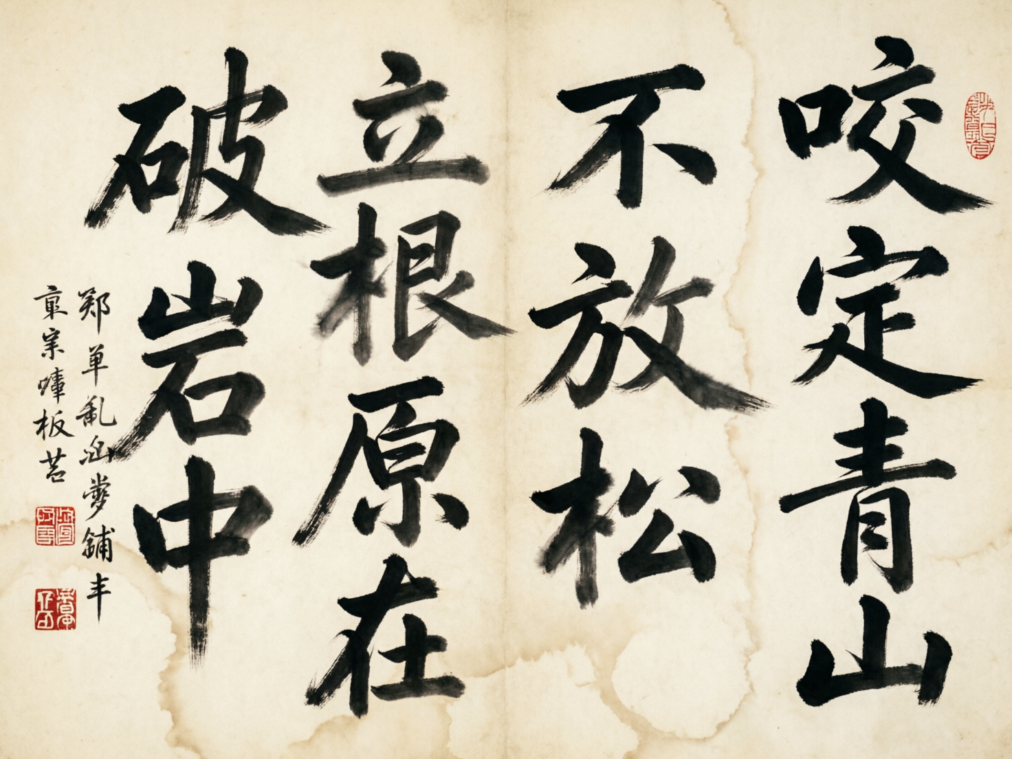 图中展示了一幅模仿中国传统书法作品的画面。背景是带有褶皱感和不规则褐色水渍斑痕的仿古宣纸，呈现出一种陈旧的质感。画面主体是四行竖排的黑色毛笔字，书写风格介于行书与草书之间，笔触浓重，带有明显的枯笔飞白效果。左侧有一行较小的落款文字和两枚红色的方形印章，右上角也有一枚椭圆形的红色引首章。

然而，作为 AI 生成的图片，画面存在明显的逻辑缺陷：首先是文字内容错误，虽然字形酷似汉字，但多处笔画结构诡异，无法准确辨识为标准汉字，尤其是左侧的落款文字完全是随机拼凑的乱码线条；其次，文字的排列缺乏书法章法，部分笔画生硬地重叠或断开；最后，纸张上的水渍分布过于机械，且红色印章内的篆刻纹样模糊不清，没有任何实际含义。这并非真实的艺术创作，而是 AI 对书法形式的视觉模拟。