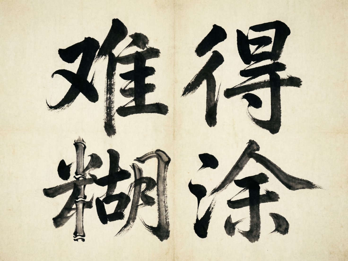 画面中是一幅模仿中国传统书法的作品，背景是带有褶皱感和细微纹理的淡黄色仿古宣纸。画面中心由四个黑色的毛笔大字组成，排列方式为两行两列，意在表达“难得糊涂”这一成语。字体风格介于行书与草书之间，笔触带有明显的墨迹干湿变化和飞白效果。然而，作为 AI 生成的图像，文字存在明显的逻辑错误和形变：左上角的“难”字左侧偏旁结构生硬，右上角的“得”字右半部分笔画杂乱且不符合汉字书写规范；左下角的“糊”字最为异常，其左侧偏旁被异化成了类似竹节的植物形状，且中间部分笔画断裂、重叠；右下角的“涂”字结构也发生了扭曲，右侧的捺笔显得过于僵硬。整体构图虽然模拟了书法的韵味，但文字细节上的失真暴露出其非人工书写的本质。