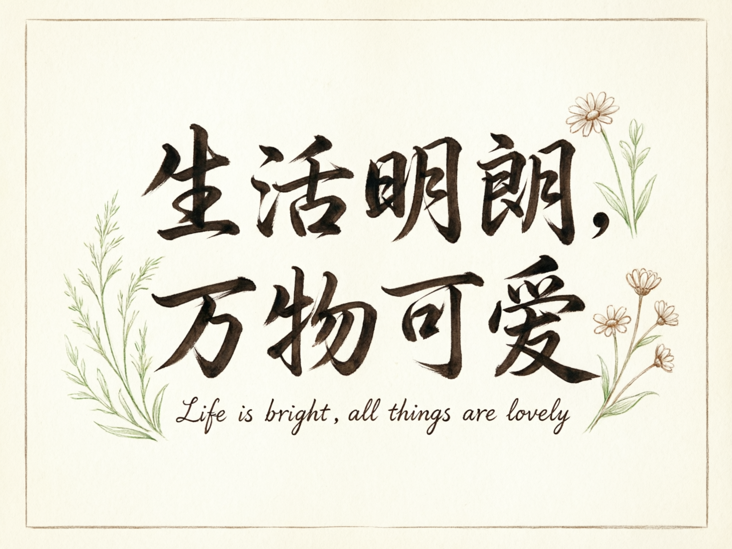 图中展示了一张具有手绘质感的米白色艺术卡片，整体风格清新简约。画面中心是两行黑色的毛笔书法字体，内容为“生活明朗，万物可爱”，笔触带有水墨的干湿浓淡变化。在书法下方，有一行手写体英文翻译“Life is bright, all things are lovely”。画面的左右两侧点缀着淡雅的水彩植物装饰：左侧是一簇翠绿的细长草叶，右侧是两枝带有浅棕色花瓣的小雏菊。整个画面被一个细细的棕色矩形边框包围，背景呈现出类似宣纸或水彩纸的纹理感。

在 AI 生成的细节方面，存在一些明显的逻辑缺陷：首先是文字部分，“明”字的左半部分结构稍显生硬，而“爱”字的下半部分笔画交织略显混乱，不符合传统书法的运笔逻辑。其次，右侧的小雏菊在花茎与花瓣的连接处显得不够自然，部分花瓣的形状分布过于机械且缺乏透视变化。左侧的绿植叶片末端有些模糊，与整体清晰的线条略有脱节。