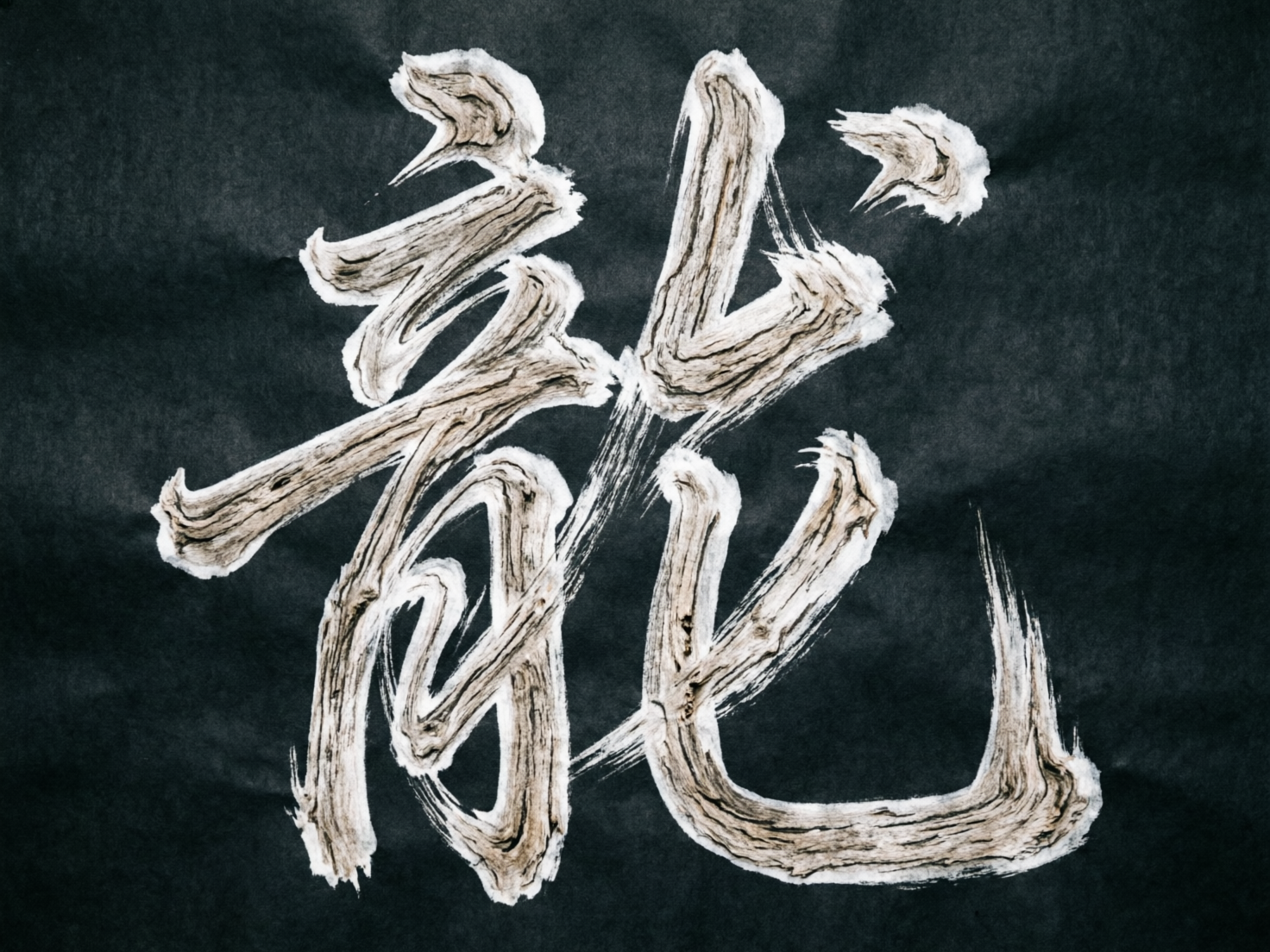 图中展示了一个占据画面中心的巨大书法汉字，背景是带有褶皱质感的深黑色宣纸。这个字在结构上试图模仿繁体中文的“龍”字，笔画呈现出独特的木纹质感，仿佛是由古老的树皮或木材纹理拼凑而成，颜色以浅棕色和灰白色为主，边缘带有毛糙的飞白效果。构图上，文字居中且充满张力，与深色背景形成鲜明对比。然而，作为 AI 生成的图像，画面存在明显的逻辑缺陷：该汉字的笔画结构并不正确，属于“伪汉字”，许多线条的交汇和转折不符合书法法度，显得杂乱且难以辨认。此外，笔画内部的木质纹理在衔接处显得生硬，缺乏真实毛笔书写的连贯气韵，部分笔锋末端出现了不自然的断裂和模糊感。