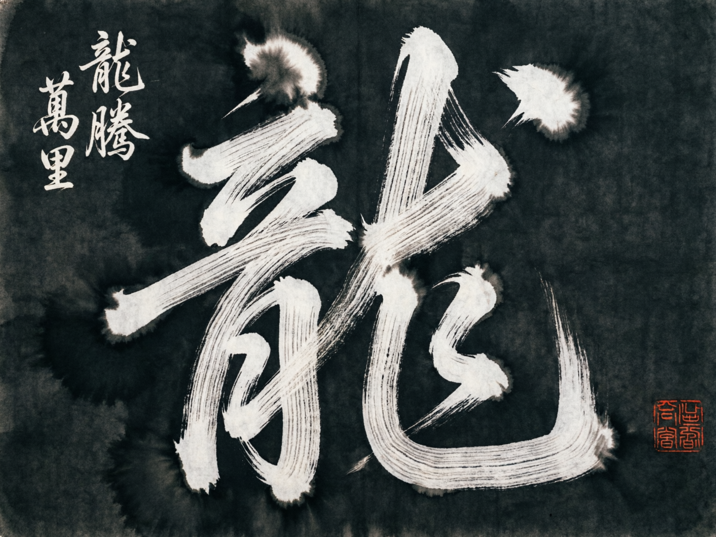 图中展示了一幅模仿中国传统水墨书法风格的艺术作品。画面采用黑白对比色调，背景呈现出浓淡不一的黑色墨迹晕染效果，中心是一个巨大的白色书法字体，形似繁体字“龍”。笔触粗犷有力，带有明显的枯笔飞白效果，仿佛毛笔快速划过纸面留下的质感。画面左上角有白色的竖排小字，写着“龍騰萬里”，右下角则印有一个红色的方形仿古印章。构图中心对称，视觉冲击力较强。在 AI 生成的缺陷方面，中心的“龍”字并非标准写法，其笔画结构存在严重的逻辑错误，部分线条交织混乱，无法作为真实的汉字识别。左上角的文字虽然形似，但笔画细节略显生硬，右下角的红色印章内容模糊，属于不可辨认的随机纹理，并非真实的篆刻文字。