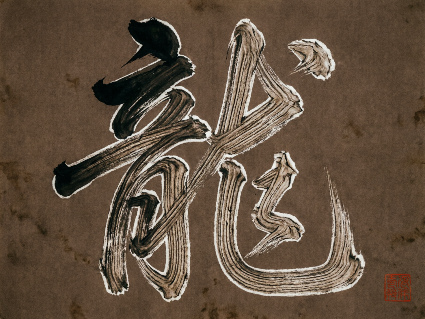 图中展示了一幅模仿中国传统书法风格的艺术作品。画面背景呈现出古旧的深褐色，带有类似宣纸或老旧皮革的斑驳纹理和污点。画面的主体是一个巨大的、占据视觉中心的繁体“龍”字。这个字采用了草书或行书的笔法，笔触粗犷且富有动感，墨色中夹杂着枯笔的飞白效果，边缘还带有一圈淡淡的白色勾边，使其在深色背景上更加突出。右下角有一个红色的方形印章，为画面增添了金石气息。

作为 AI 生成的图像，画面存在明显的逻辑缺陷：首先，这个“龍”字的结构并不规范，笔画之间存在不合理的断裂与重叠，尤其是右半部分的构造模糊不清，不符合真实书法的运笔规律。其次，右下角的红色印章内容完全模糊，无法辨识出任何真实的汉字或篆刻纹样，只是一个红色的色块。此外，笔触的纹理显得过于机械和重复，缺乏真实毛笔书写时墨水自然渗透的质感。