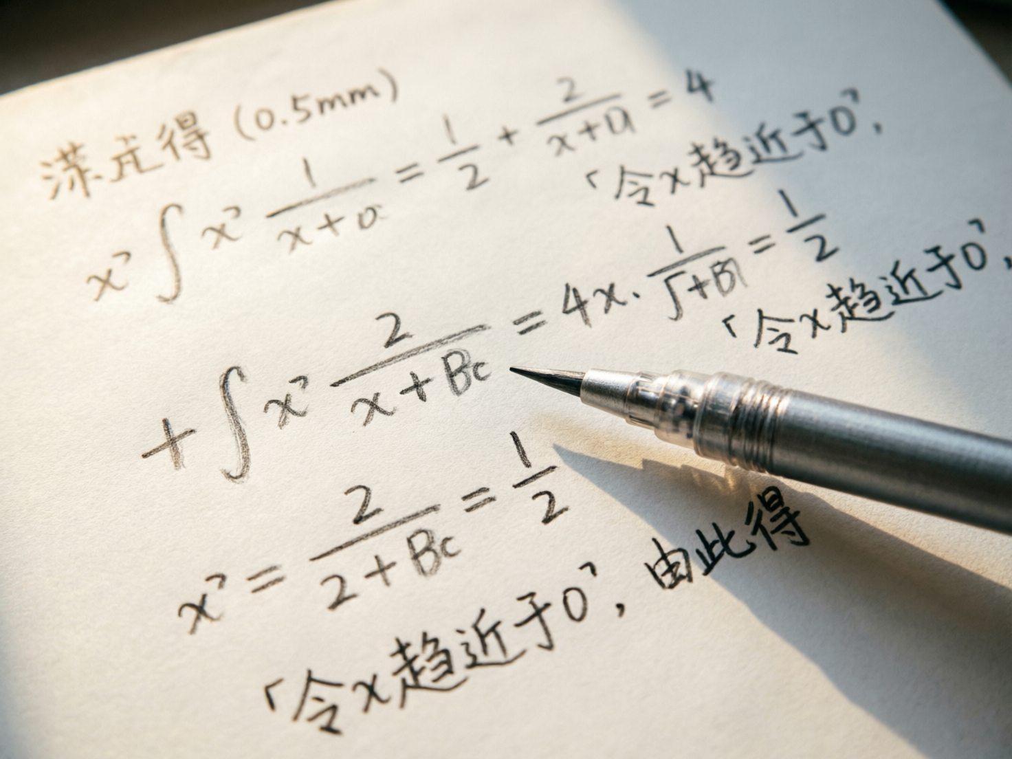 图中展示了一张近距离拍摄的浅黄色纸张，上面布满了手写的数学公式和中文注解。一支银色的自动铅笔斜放在画面右侧，笔尖指向纸面中央。光线从右上方斜射入画面，在纸上留下了柔和的阴影，营造出一种正在学习或计算的氛围。纸上的字迹清秀，包含积分符号、分式以及“令x趋近于0”等字样。

然而，画面中存在明显的 AI 生成缺陷：首先，文字内容逻辑混乱，中文词汇如“潇龙得”并非标准表达，且部分汉字笔画扭曲、结构异常；其次，数学公式在逻辑上完全不通，符号组合随意，例如积分符号后缺乏微分变量，等式两边的推导也毫无数学意义。此外，自动铅笔的笔尖构造模糊，缺乏真实的金属或石墨质感，笔身与纸面的透视关系略显生硬。