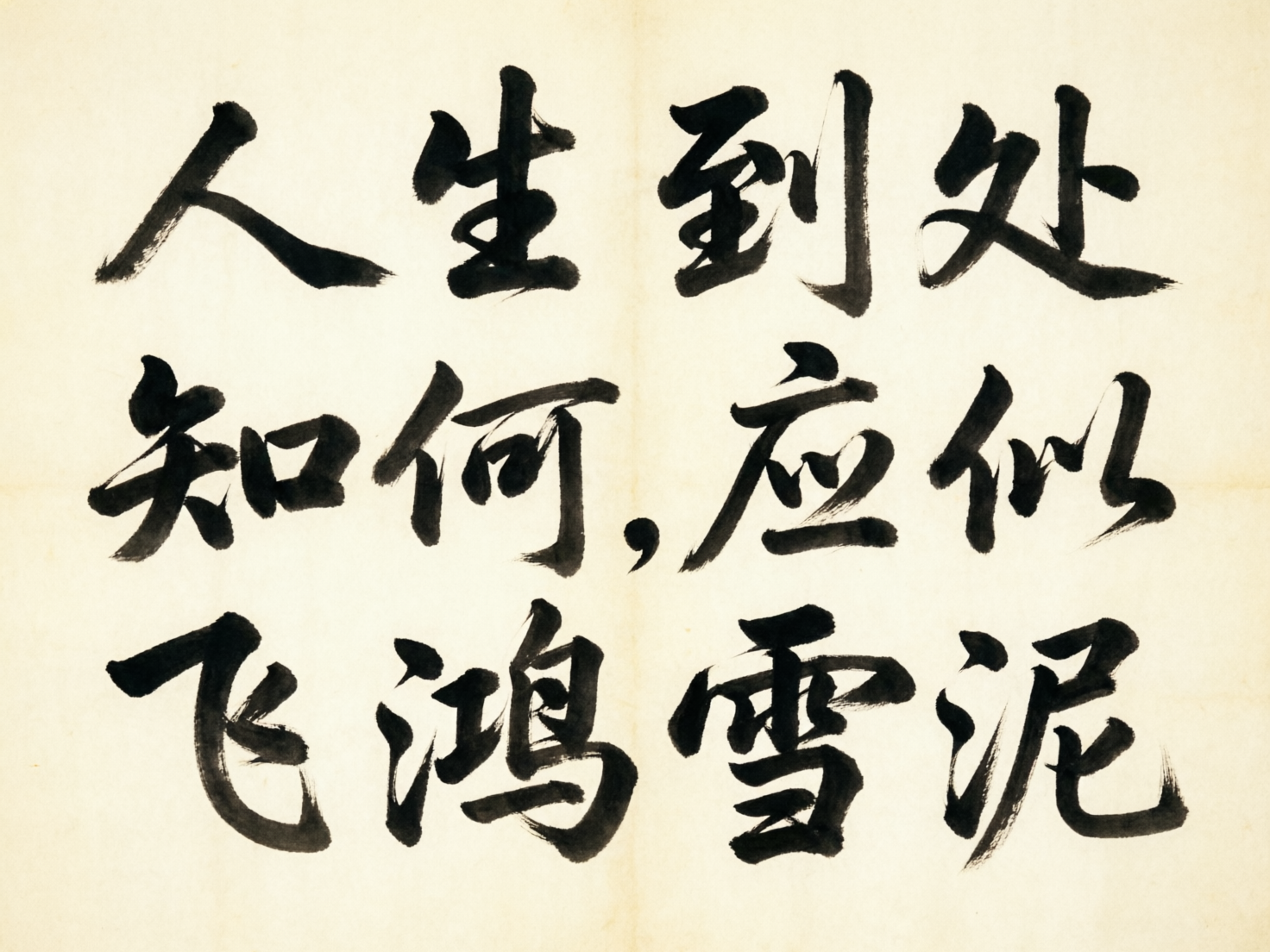 画面中是一张模拟中国传统书法作品的图片，背景为带有淡淡黄色调的仿古宣纸质感，纸张中心有一条纵向的折痕。画面上用黑色墨迹书写了三行汉字，排版为从左至右阅读，内容取自苏轼的诗句。第一行是“人生到处”，第二行是“知何，应似”，第三行是“飞鸿雪泥”。整体字迹模仿行书风格，笔画粗犷，墨色浓郁。

然而，作为 AI 生成的图像，画面中存在明显的文字错误和笔画逻辑异常。首先，文字顺序与传统书法习惯不符，且诗句被错误拆分。其次，多个汉字存在严重的结构缺陷：例如“处”字的右半部分缺失且笔画杂乱，“何”字的右侧“可”部变形，“应”字下方的“心”部简化成了扭曲的横线，“雪”字的下半部分结构模糊。此外，逗号的出现也违背了传统书法的章法。整体字迹虽然有墨韵感，但缺乏真实的运笔逻辑，属于典型的 AI 模拟书法错误。