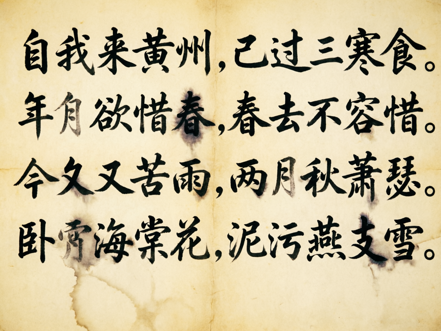 图中展示了一幅模仿中国传统书法作品的画面。背景是带有褶皱感和陈旧黄色调的宣纸，纸张中心有一条明显的垂直折痕，左下角伴有大块不规则的褐色水渍或墨迹晕染。画面上排列着四行黑色的毛笔楷体字，文字内容源自苏轼的《黄州寒食帖》。整体构图规整，文字从左至右横向排列，并配有现代标点符号。

作为一张 AI 生成的图片，画面中存在明显的文字错误和逻辑缺陷。首先，书法风格虽然试图模仿毛笔质感，但笔画末端和转折处显得生硬且不自然。其次，文字内容出现了多处严重的错别字和乱码，例如第三行开头的“今又又”字形怪异，第四行第二个字完全是无法辨认的臆造字符，且多处墨迹晕染（如“春”、“雨”、“萧”等字周围）呈现出非自然的放射状模糊，这不符合真实墨水在纸张上的扩散规律。此外，传统书法通常为竖排从右向左书写，而此图采用了现代横排格式，且标点符号的样式与古风背景格格不入。