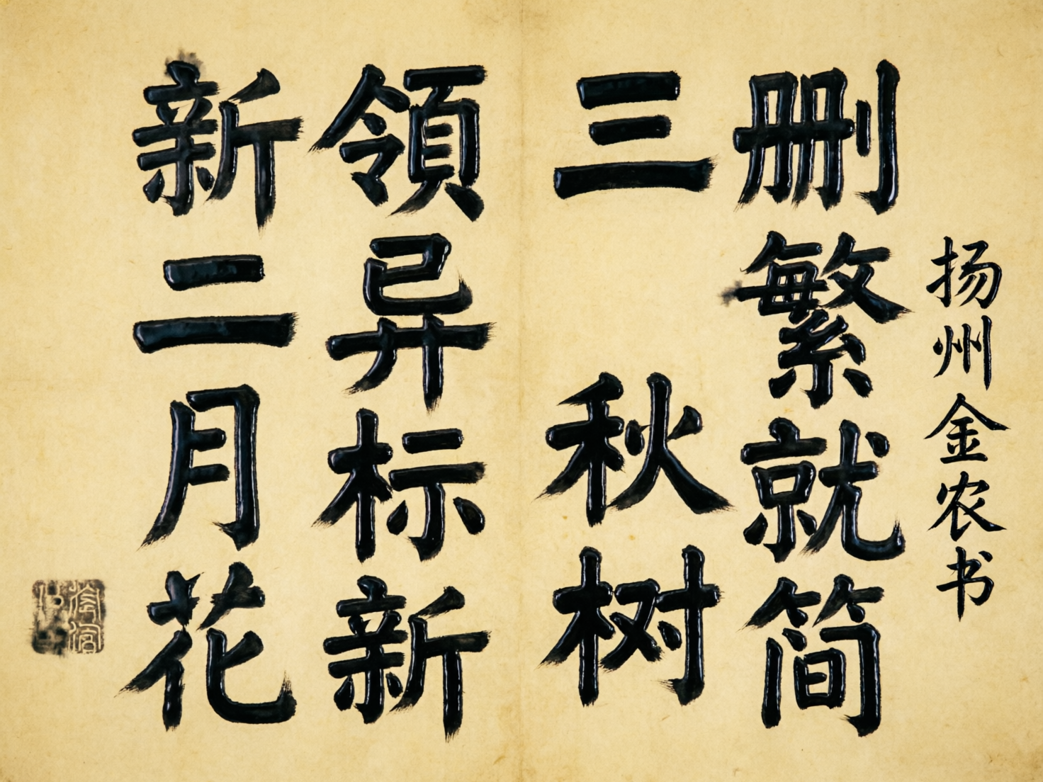 画面中展示了一幅模仿中国传统书法风格的作品。背景是带有陈旧质感的淡黄色宣纸，纸张中心有一条明显的纵向折痕。画面主体为黑色的毛笔书法字体，模仿了清代书法家金农独特的“漆书”风格，笔画横粗竖细，棱角分明。右侧有一行小字写着“扬州金农书”，左下角盖有一枚深色的方形仿古印章。

然而，这幅画作存在明显的 AI 生成缺陷。首先是文字内容的逻辑错误，画面中的大字试图排列成对联，但文字组合混乱，出现了如“删繁就简三秋树，领异标新二月花”的错位拼接，且部分汉字结构诡异，例如“繁”字下半部模糊不清，“新”字重复出现且间架结构失衡。其次，墨迹的质感不自然，部分笔画末端有异常的晕染和断裂，缺乏真实毛笔书写的连贯性。左下角的印章纹路模糊，无法辨认具体文字，呈现出一种杂乱的色块感。