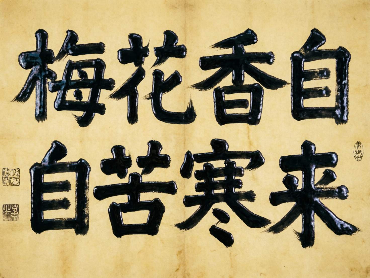 图中展示了一幅模拟中国传统书法作品的画面，背景是带有褶皱感和陈旧黄色调的宣纸质地。画面中心排列着两行黑色的毛笔书法字体，试图表达“梅花香自苦寒来”这一意境。字体风格厚重，带有明显的墨迹反光和飞白效果。然而，作为 AI 生成的图片，画面存在严重的文字错误和逻辑缺陷：第一行文字从左至右分别为“梅”、“花”、“香”以及一个结构扭曲的“自”字；第二行文字则完全混乱，出现了重复的“自”字，且“苦”、“寒”、“来”等字的笔画结构均有严重的畸变和错位，无法构成正确的汉字书写。此外，画面左右两侧虽点缀有红色的印章图案，但印章内的文字模糊不清，纯属随机生成的纹理。整体构图虽然模拟了书法的韵味，但文字内容的逻辑完全断裂。