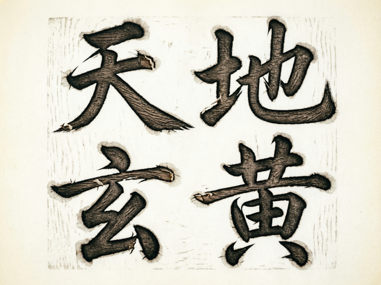 图中展示了四个排列成田字格形状的中文书法字体，背景是带有淡淡木纹质感的米白色纸张。这四个字从左上起顺时针方向依次为“天”、“地”、“黄”、“玄”，取自《千字文》的首句。字体呈现出深灰至黑色的墨色，质感非常特殊，仿佛是直接在木板上雕刻或灼烧而成，笔画内部带有粗糙的纤维纹理。构图简洁居中，给人一种古朴、厚重的视觉感受。

在 AI 生成的细节方面，画面存在明显的逻辑缺陷：首先，文字的笔画结构并不规范，例如“天”字的撇捺连接处显得生硬且有断裂感，“地”字的右侧“也”部线条扭曲且不连贯。其次，文字边缘出现了不自然的毛刺和类似烧焦的重影，这在传统书法或版画中是不合理的。此外，背景的木纹在文字周围发生了扭曲，未能保持自然的平行延伸，显示出 AI 在处理复杂纹理与文字结合时的局限性。