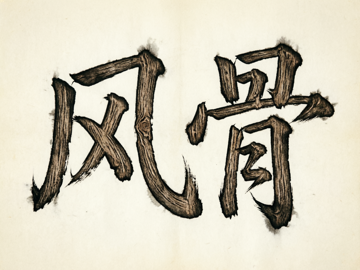 图中展示了两个巨大的简体中文书法汉字“风骨”，横向排列在带有细微纹理的淡米色复古纸张背景上。这两个字采用了极具创意的艺术处理，笔画并非传统的墨迹，而是呈现出苍劲、干枯的古老树皮或木材纹理，深褐色的纹路中夹杂着木质的节疤和裂痕，仿佛是由枯木自然生长或雕刻而成。在笔画的边缘和末梢，依然保留了水墨书法特有的晕染效果和飞白枯笔，将木质的坚硬感与书法的流动感结合在一起。构图简洁有力，视觉重心集中在画面中央。作为 AI 生成的图像，其明显的缺陷在于汉字的结构逻辑：右侧“骨”字的下半部分“月”字旁发生了严重的形变，内部横画扭曲成了不规则的折线，且与外框的连接方式不符合常规书写习惯，显得杂乱且缺乏支撑感。此外，部分木纹的走向在笔画转折处衔接得不够自然，呈现出一种超现实的拼接感。