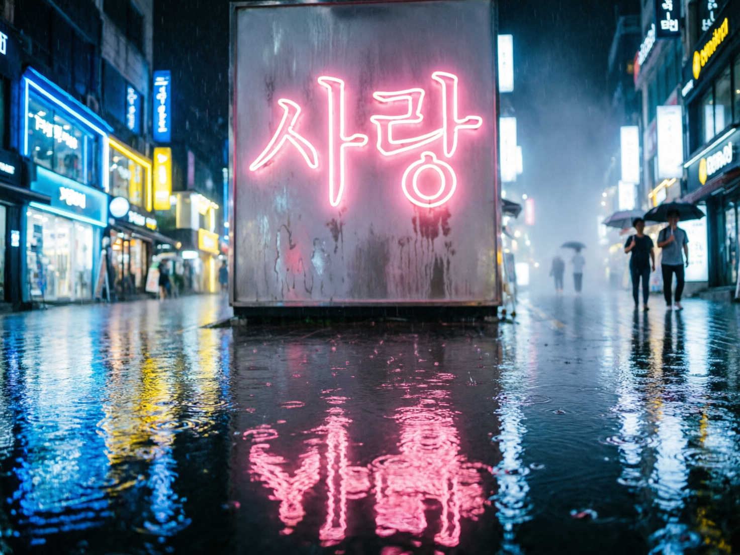 图中展现了一个雨夜的都市街景，画面中心是一个巨大的、带有磨砂质感的金属立牌，上面闪烁着粉红色的韩文霓虹灯，意为“爱”。地面湿漉漉的，倒映着霓虹灯绚丽的粉色、蓝色和黄色光影，雨滴在积水中激起阵阵涟漪。背景是繁华的商业街，两侧店铺林立，灯火通明。右侧有几名撑伞或冒雨行走的行人，身影在雨雾中略显模糊。构图采用中心对称分布，强调了霓虹灯牌的视觉核心地位。画面中存在明显的 AI 生成缺陷：右侧行人的腿部线条极其扭曲，甚至出现了多余的肢体结构，且脚部与地面的接触显得不自然；背景中的韩文招牌文字大多是杂乱无章的笔画堆砌，并非真实的文字；此外，金属牌上的雨水流痕分布过于规律且生硬，缺乏真实液体的随机感。