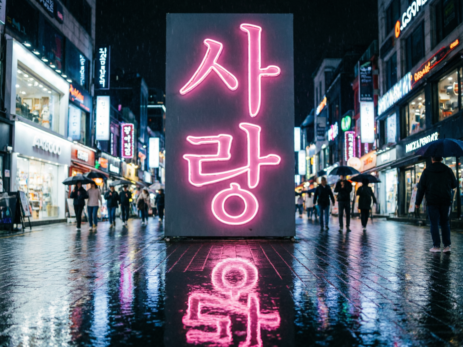 图中展示了一个下雨的夜晚，一条繁华的城市步行街中心矗立着一块巨大的灰色矩形牌。牌子上镶嵌着粉红色的霓虹灯文字，写着韩语“사랑”（意为“爱”）。地面是湿漉漉的深色石板路，清晰地倒映着霓虹灯的粉色光芒和周围商店的灯火。街道两旁是灯火通明的店铺，招牌林立，行人三三两两地撑着深色雨伞走动，营造出一种冷色调背景与暖色调灯光对比的都市氛围。

画面中存在明显的 AI 生成缺陷：首先，地面上的霓虹灯倒影与实物不符，倒影中的韩文字形发生了严重的扭曲和重组，无法与上方的文字对应；其次，背景中商店招牌上的文字大多是杂乱无章的乱码，并非真实的语言；此外，远处的行人形体模糊，部分人物的腿部与地面衔接显得生硬，缺乏真实的透视感。