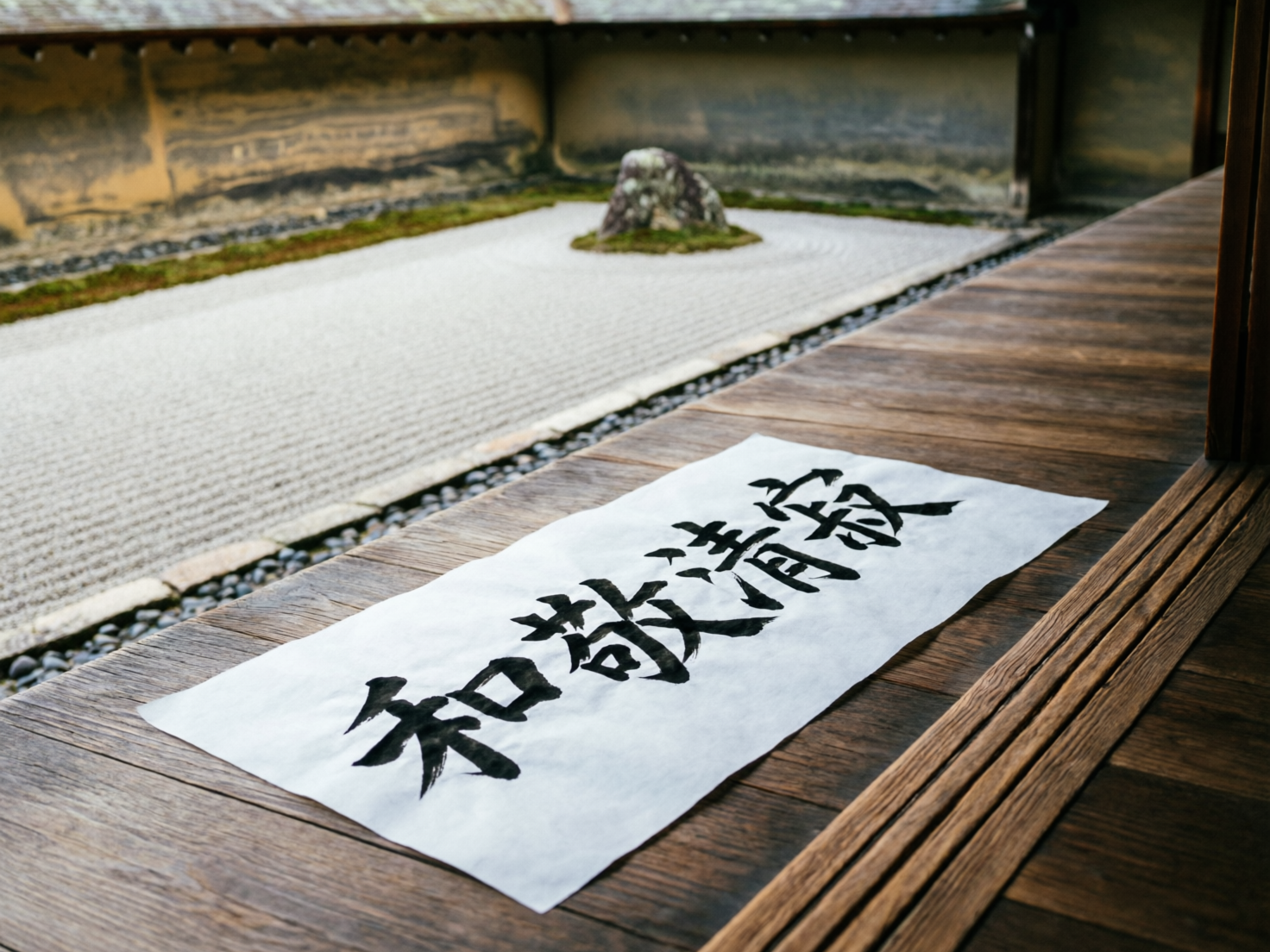 图中展现了一个宁静的日式枯山水庭院场景。画面前景是一条深褐色的木质走廊，地板纹理清晰，其上平铺着一张白色的宣纸，纸上用黑色毛笔书写着四个汉字。中景是典型的枯山水景观，由大片铺设整齐、带有环形耙制纹路的细白沙石组成，沙石中心矗立着一块点缀有苔藓的青灰色景观石。背景是一道斑驳的土黄色古旧围墙，整体色调古朴雅致，光线柔和。在 AI 生成的细节方面，画面存在明显的逻辑缺陷：纸上的书法字体虽然形似“和敬清寂”，但笔画结构扭曲，部分偏旁部首重叠或缺失，并非真实的汉字书写；此外，木质走廊右下角的边缘线条出现了不自然的断裂与重叠，宣纸与木地板的透视衔接也略显生硬。