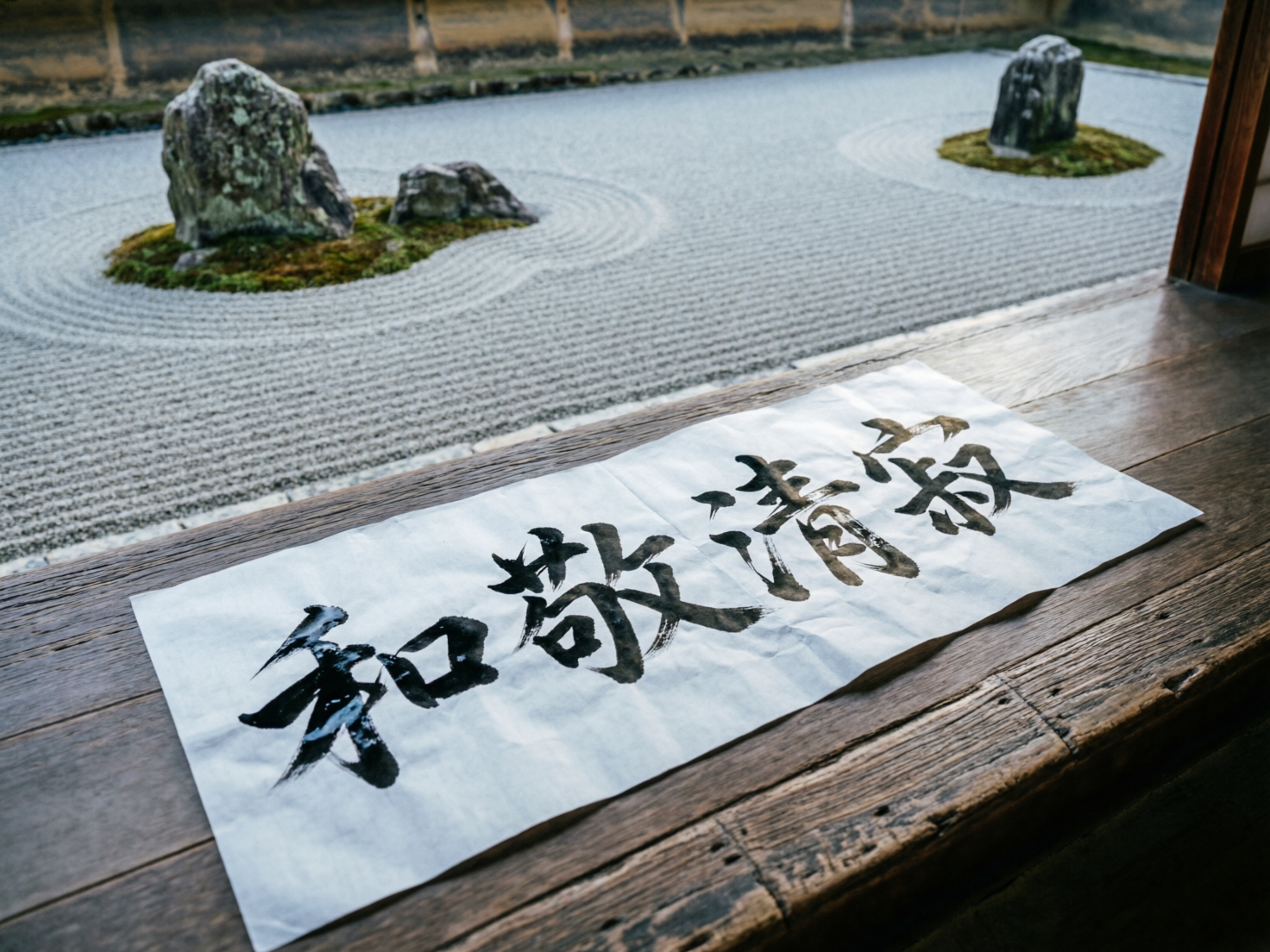 图中展示了一个宁静的日式枯山水庭院场景。画面前景是一条质感粗糙、带有深色木纹的木质走廊，上面平铺着一张白色的宣纸，纸上用黑色毛笔书写着四个汉字。背景是典型的禅宗庭院，由细密的灰色砂石铺就，砂石上耙出了整齐的环形和直线纹理，象征着水流。砂石之中点缀着几块带有青苔的自然山石，远处是一道古朴的土黄色围墙。整体色调沉稳，光线柔和，营造出一种禅意氛围。

在 AI 生成的细节方面，画面存在明显的逻辑与文字缺陷：前景宣纸上的书法文字虽然形似“和敬清寂”，但笔画结构混乱，出现了多余的撇捺和断裂，并非真实的汉字书写。此外，宣纸与木地板的透视衔接略显生硬，纸张边缘的褶皱感分布不够自然。背景中砂石的纹路在靠近山石处显得有些模糊和不连贯，远处的围墙顶端也存在线条扭曲的现象。