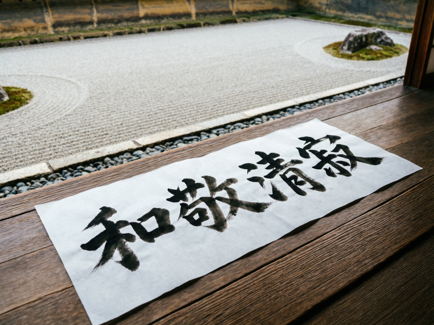图中展示了一个宁静的日式枯山水庭院场景。画面前景是一条深褐色的木质走廊，上面平铺着一张白色的宣纸，纸上用黑色毛笔书写着四个汉字。背景是典型的禅意庭院，铺满了细密的灰色砂石，砂石上耙出了整齐的环形和直线纹路，象征着水波。庭院中散落着几块点缀有绿色苔藓的岩石，远处是斑驳的土黄色围墙。整体色调素雅，光线柔和。

在 AI 生成的细节方面，画面存在明显的文字错误：宣纸上的书法字迹虽然模仿了水墨质感，但字形结构混乱，无法准确辨认为标准的汉字（原本应为“和敬清寂”，但笔画扭曲且多处重叠）。此外，走廊木板的纹理在宣纸边缘处略显模糊，宣纸与木地板的透视关系衔接得不够自然，纸张看起来像是悬浮或直接贴合在平面上，缺乏真实的厚度感。