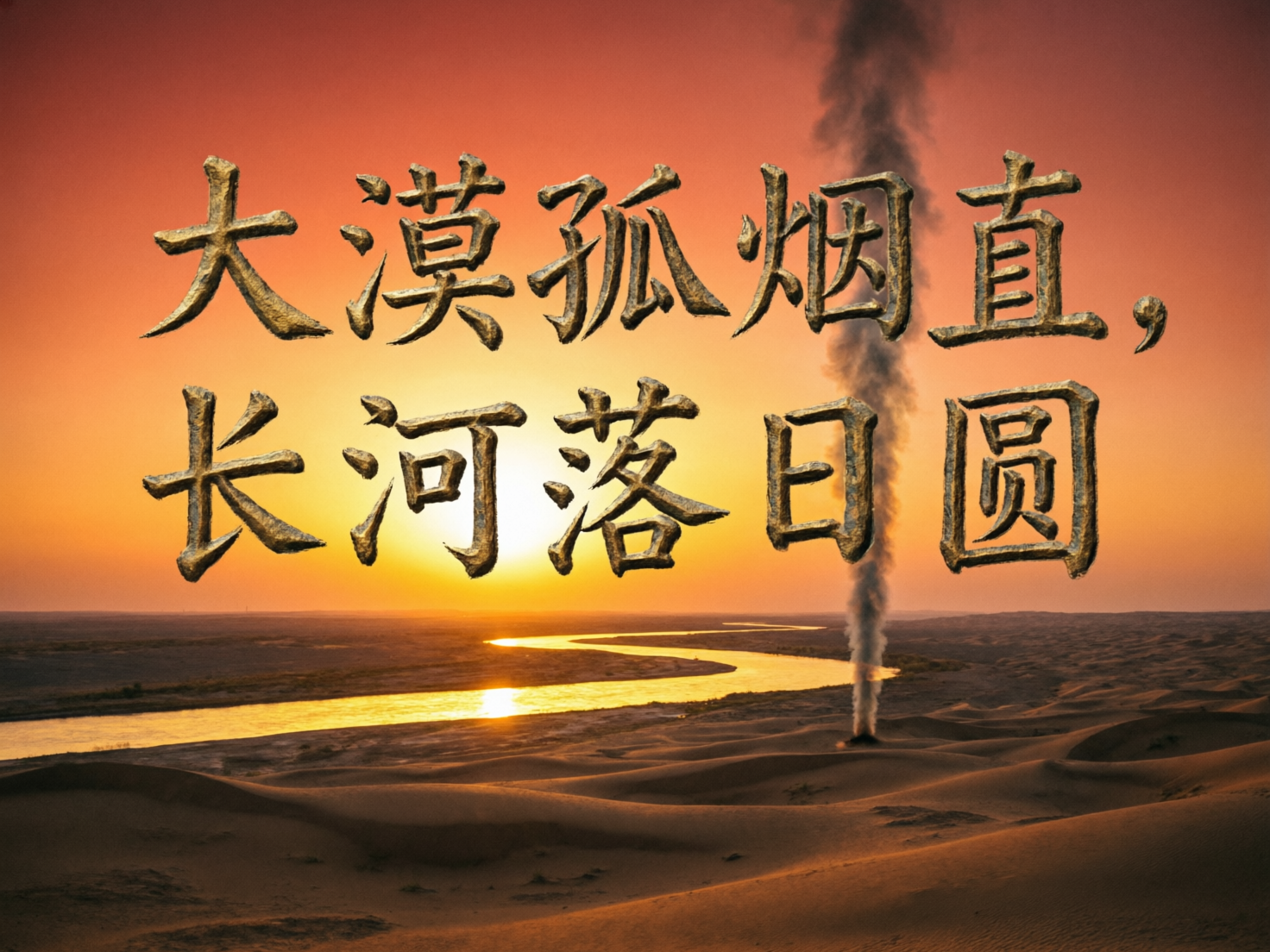图中展现了一幅壮阔的沙漠落日景象，画面中央浮现着巨大的金色立体书法字“大漠孤烟直，长河落日圆”。背景是连绵起伏的沙丘，在夕阳的映照下呈现出深沉的橘褐色。一条蜿蜒的河流穿过沙漠，河面反射着耀眼的金色阳光，如同发光的丝带。画面右侧有一股浓黑的烟雾垂直升向天空，呼应诗句意境。天空由地平线的明亮金黄向上过渡为深橘红色。在 AI 生成的细节方面，文字的质感呈现出类似斑驳金属或岩石的纹理，但部分笔画边缘略显模糊。最明显的缺陷在于右下角的“圆”字，其内部结构发生了严重的形变，看起来更像是一个带有不规则线条的方框，失去了标准的汉字间架结构。此外，画面右侧升起的“孤烟”在根部与沙丘结合处显得有些生硬，缺乏自然的烟雾扩散透视。