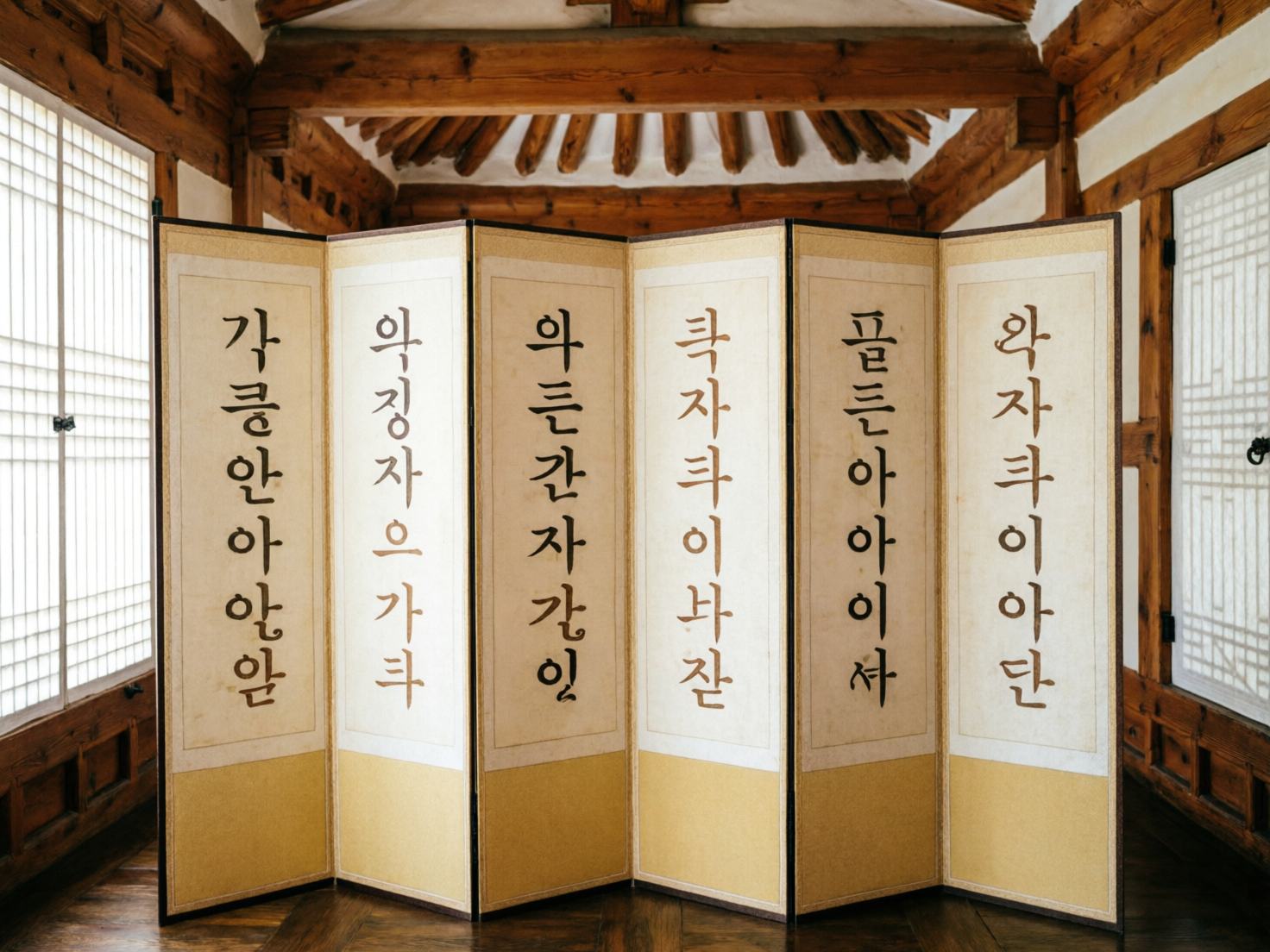 图中展示了一个充满传统韩式建筑风格的室内场景。画面中心是一扇六扇折叠屏风，屏风主体呈淡黄色，每扇屏风上都竖向书写着黑色的韩文字符。背景是一个全木质结构的房间，可以看到粗壮的木梁、木柱以及具有传统格纹的纸窗，阳光透过左侧的窗户洒入，光影柔和。整体色调以温暖的木色和米黄色为主，营造出宁静、古朴的氛围。

然而，画面中存在明显的 AI 生成缺陷。最显著的是屏风上的韩文字符，虽然字形模仿了书法风格，但大多是随机组合的乱码，并不构成实际的词汇或句子，部分笔画甚至出现了扭曲和断裂。此外，背景顶部的木梁结构在透视上显得有些混乱，梁柱之间的衔接不够自然，缺乏真实的物理逻辑。左侧窗户的格栅线条在边缘处也略显模糊，与真实的木工工艺有所出入。