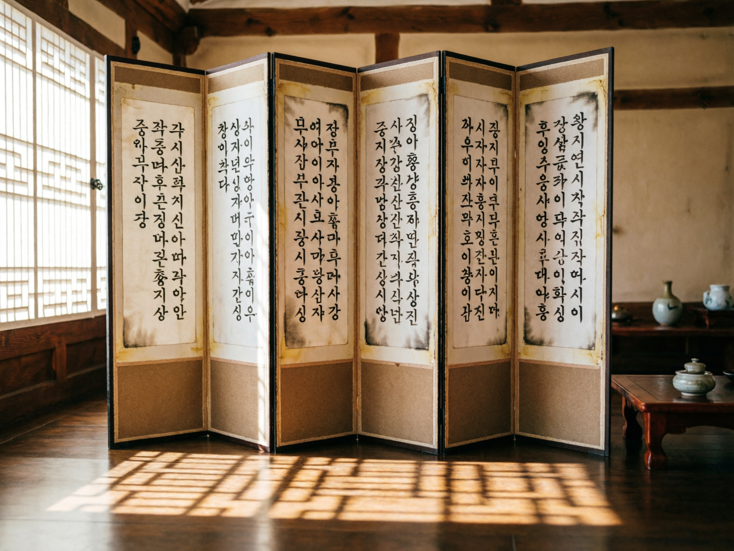 图中展示了一个充满古朴气息的韩式传统室内场景。画面中央矗立着一座六扇折叠屏风，屏风由深色木框镶嵌，每扇屏面上都贴着带有岁月痕迹的宣纸，上面书写着整齐的韩文书法。阳光透过左侧精美的木质格纹窗户洒入室内，在深褐色的木地板上投射出清晰的几何窗影，营造出宁静、典雅的氛围。背景中隐约可见低矮的木几和陶瓷器皿，整体色调以温暖的木色、米白色和暗棕色为主。

作为一张 AI 生成的图片，画面存在明显的逻辑缺陷：屏风上的韩文字符虽然看起来工整，但大多是随机组合的无意义符号，并非真实的词句；屏风底部与地面的接触位置透视略显生硬，阴影处理不够自然；此外，背景右侧的小木桌和器皿边缘略显模糊，与前景的锐利度不匹配。尽管如此，画面成功捕捉到了传统韩屋的静谧美感。