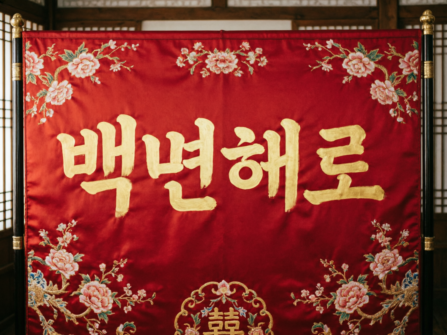 图中展示了一面充满传统东亚婚礼氛围的红色绸缎屏风。屏风主体为鲜艳的红色，中心用金色颜料书写着四个巨大的韩文字符“백년해로”，寓意“百年偕老”。屏风的四个角落及顶部装饰有精致的粉色牡丹花刺绣，花朵错落有致，带有绿叶点缀。底部中央有一个圆形的金色刺绣边框，内嵌红色的“囍”字。屏风两侧由黑色的木质立柱支撑，柱头带有金色的圆球装饰，背景隐约可见木质的格栅窗棂，营造出一种古朴庄重的室内环境。

在 AI 生成的细节方面，存在一些明显的逻辑缺陷：首先，中间的韩文字符笔画显得过于厚重且边缘模糊，缺乏真实书法的力度感与连贯性；其次，底部的“囍”字结构略显扭曲，左右并不完全对称；此外，屏风边缘与两侧立柱的连接处显得生硬，缺乏真实的物理悬挂或固定逻辑，绸缎表面的光影折射与刺绣的立体感在细节处也显得不够自然。