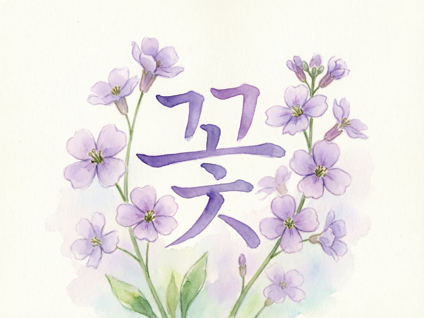 画面中呈现出一幅清新淡雅的水彩画，背景是带有纹理的米白色纸张感。中心位置是一个醒目的紫色韩文字符“꽃”（意为“花”），字迹具有毛笔书写的质感，颜色深浅不一，透出水彩自然的晕染效果。字符左右两侧簇拥着几枝淡紫色的花朵，花瓣娇嫩，花蕊呈淡黄色，绿色的茎叶从画面底部向上延伸，构图呈对称趋势。整体色调以柔和的紫色、绿色和浅蓝色为主，营造出一种宁静、文艺的氛围。

在 AI 生成的细节方面，画面表现得较为自然，但仍存在一些细微的逻辑异常：部分花瓣的边缘与背景的晕染界限模糊，显得不够真实；右侧花枝上的一些小花苞形状略显生硬，缺乏植物自然的生长结构；此外，韩文字符的笔画连接处略显僵硬，不完全符合真实书法中水墨流动的物理特性。总体而言，这是一张视觉效果精美的插画。