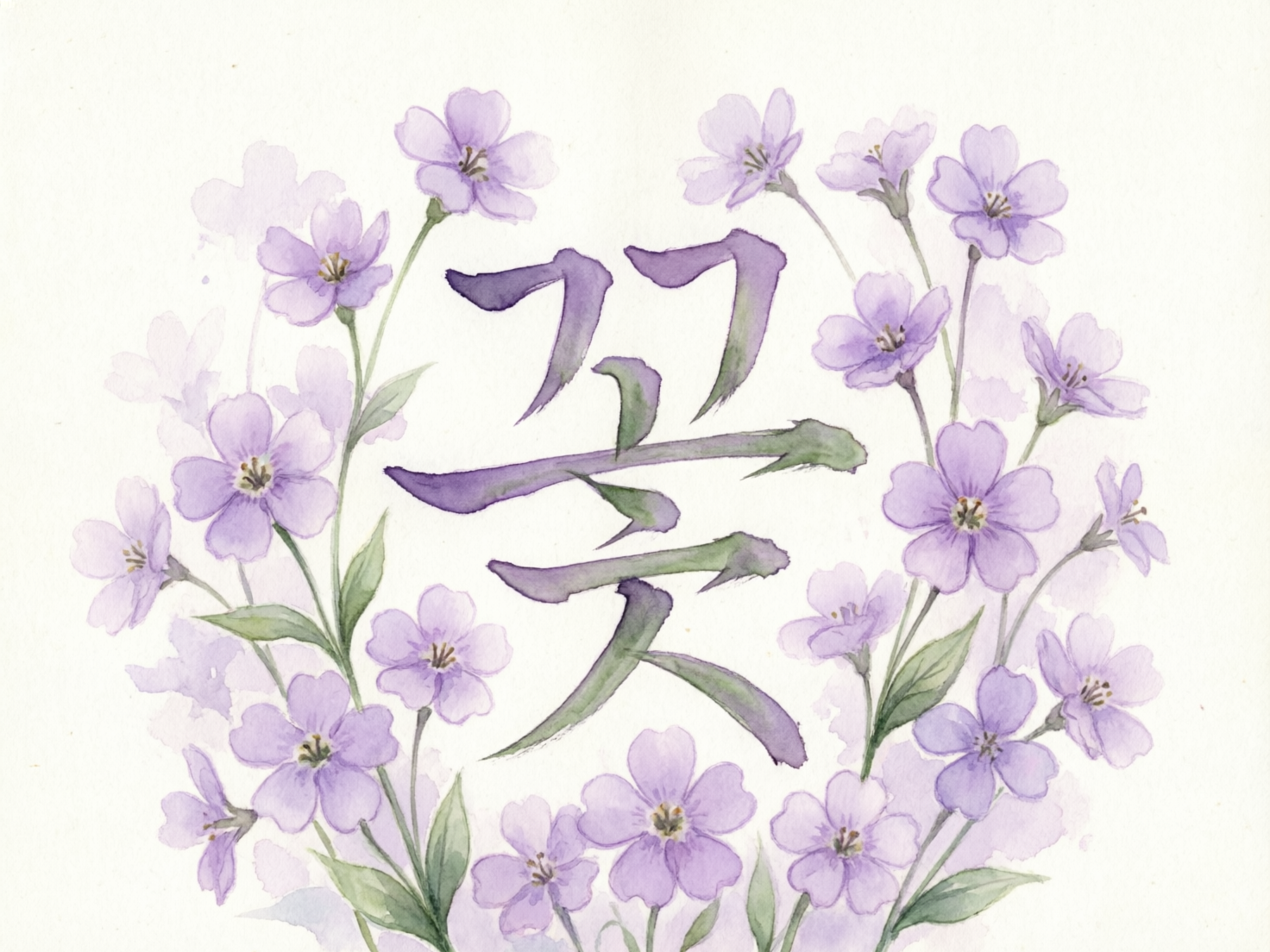图中展示了一幅清新淡雅的水彩风格画作。画面的中心是一个由紫色水彩书写的艺术字体，其形态介于汉字与韩文之间，笔触带有明显的书法韵味，颜色呈现出深浅不一的紫色与灰绿色渐变。这个字体被一圈盛开的淡紫色小花簇拥在中心，花朵形态类似勿忘草或樱草，拥有五片圆润的花瓣和淡黄色的花蕊。花朵的分布呈半圆弧形，枝蔓纤细，叶片呈嫩绿色，整体构图平衡且具有呼吸感。背景是干净的米白色纸张纹理，局部带有水彩晕染的半透明效果。

画面中存在明显的 AI 生成缺陷：中心的字体并非任何标准的已知文字，其笔画结构逻辑混乱，像是多种文字符号的随机拆解与重组，无法实际阅读。此外，部分花瓣与枝叶的连接处显得模糊或生硬，个别花朵的透视关系略显扁平，缺乏真实手绘的自然衔接感。