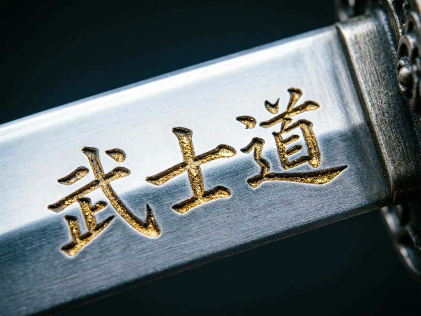 图中展示了一把武士刀刀刃根部的特写镜头。画面主体是银灰色的金属刀身，表面带有细腻的拉丝质感，刀身上方斜向刻有“武士道”三个繁体汉字。这些汉字采用了凹陷的雕刻工艺，内部填充了斑驳的金色涂料，呈现出一种古朴而庄重的视觉效果。背景呈现为深暗色调，并带有明显的虚化效果，使得观众的注意力集中在刀刃的金属光泽和刻字细节上。右侧边缘露出了部分刀镡（护手），带有复杂的浮雕花纹。在 AI 生成的细节方面，可以观察到明显的缺陷：汉字的笔画结构存在异常，例如“武”字的左下角多出了不规则的撇画，“道”字的走之底与上方结构连接生硬且比例失调，字迹边缘的雕刻痕迹显得过于凌乱，缺乏真实手工雕刻的流畅感。此外，刀刃与护手连接处的透视关系略显平面化，缺乏真实物体的厚度感。