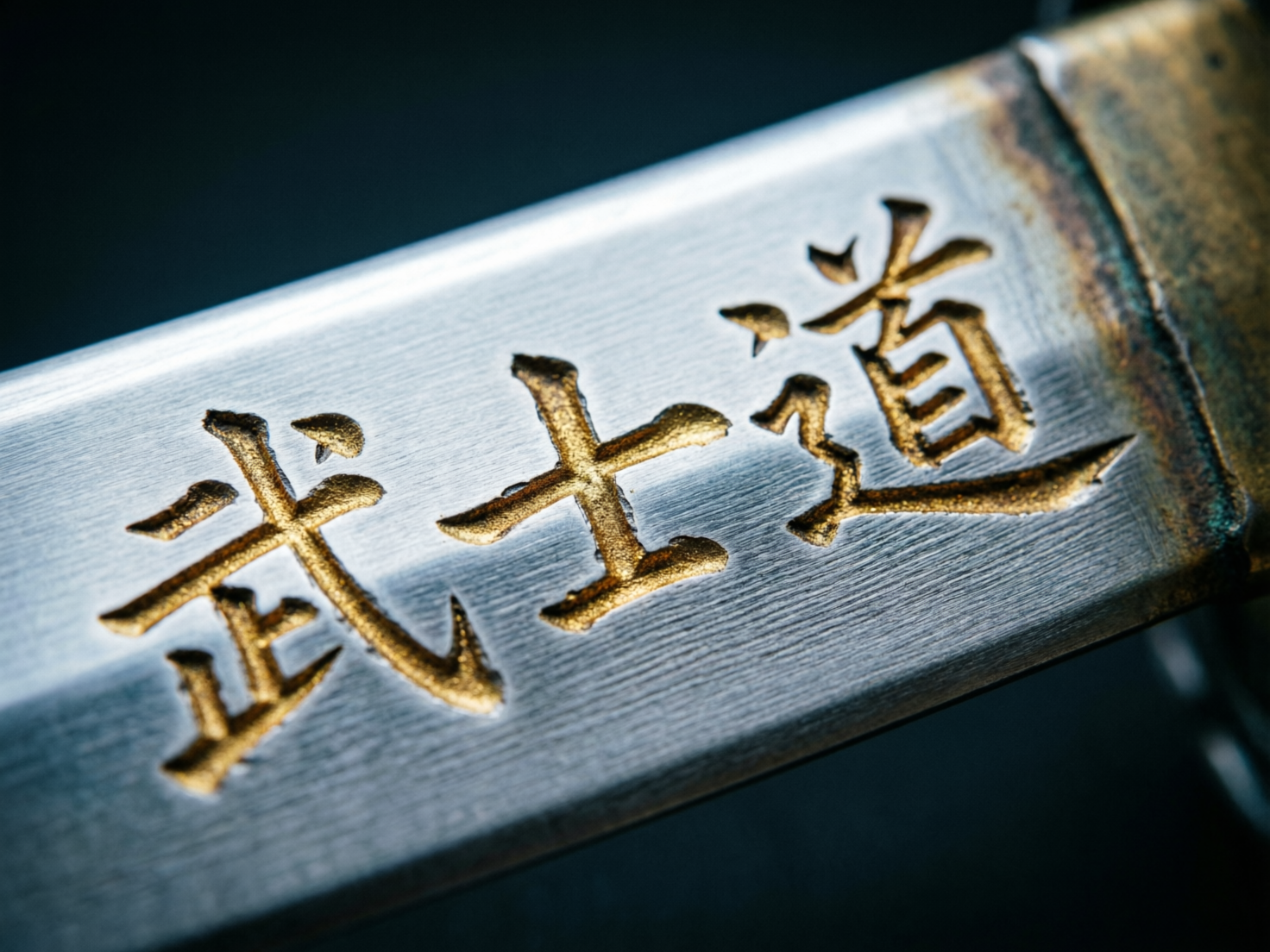 图中展示了一把金属刀剑表面的近距离特写，镜头聚焦在刀身上刻有的三个汉字。刀身呈现出带有拉丝质感的银灰色金属光泽，右侧边缘有明显的烧灼痕迹和深色锈斑，增添了沧桑感。画面中央斜向排列着刻入金属的“武士道”三个大字，字体内部填充了粗糙的金色涂层，与银色的底色形成鲜明对比。构图采用了浅景深效果，使得背景完全模糊，突出了刻字的立体凹凸感。在 AI 生成的细节方面，文字结构存在明显的逻辑错误：“武”字的笔画扭曲且多出了不规范的钩笔，“士”字的横竖比例失调，而“道”字的走之底与上部结构断开，且内部的“自”部变形严重，这些笔画缺陷反映了 AI 在处理复杂汉字结构时的局限性。
