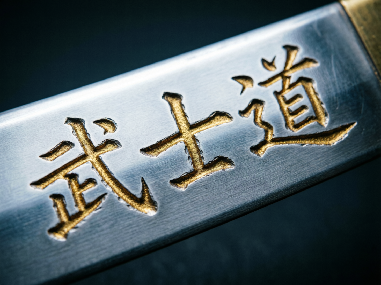 画面中是一张近距离特写摄影，展示了一把金属刀剑的局部。刀身呈现出带有细微拉丝质感的银灰色冷光，其上凹刻着三个汉字「武士道」。这些字迹内部填充了粗糙质感的金色颜料，在光线下闪烁着金属光泽。构图采用对角线分布，刀身从左下向右上延伸，背景则是深沉的黑色，形成了鲜明的明暗对比。在 AI 生成的细节方面，可以观察到明显的文字结构错误：「武」字的笔画发生了扭曲变形，左侧部分与右侧的勾画连接生硬且不符合常规写法；「士」字的横竖比例略显失调；「道」字的走之底末端过于尖锐且突兀。此外，刻痕边缘的金属质感分布不均，部分区域出现了模糊的重影，显示出 AI 在处理复杂汉字结构与金属反射时的逻辑局限。