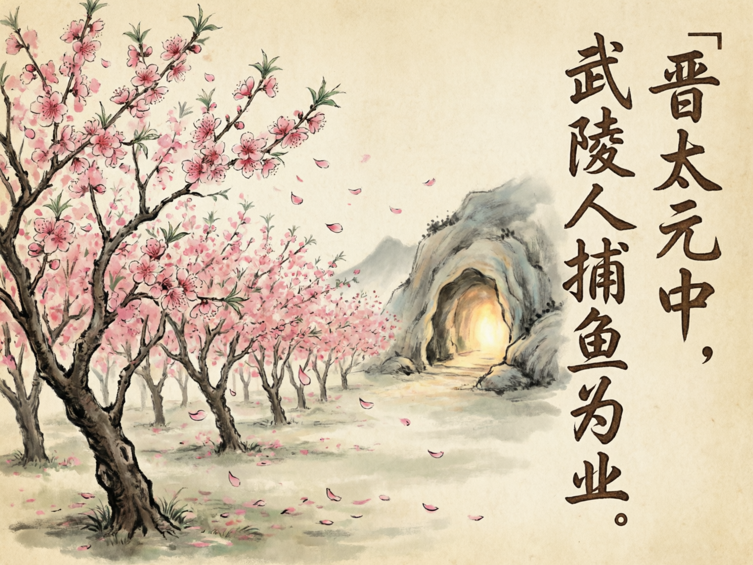 画面中是一幅模仿中国传统水墨设色风格的画作，描绘了《桃花源记》中“林尽水源，便得一山”的意境。背景是带有淡黄古旧质感的纸张。画面左侧占据主要位置的是一排盛开的桃树，粉红色的花朵缀满枝头，花瓣随风轻盈飘落。右侧背景是一座青灰色的山峦，山脚处有一个散发着明亮暖黄色光芒的洞口，象征着通往桃花源的入口。画面最右侧竖排书写着黑色的行书汉字：“晋太元中，武陵人捕鱼为业。”

在 AI 生成的细节方面，存在一些明显的逻辑缺陷：首先，文字虽然字形工整，但“晋”字上方的结构略显生硬，且整段文字的排版与传统书法布局相比略显机械。其次，桃树的枝干生长方向和花瓣的分布过于均匀且重复，缺乏自然生长的随机感。最明显的缺陷在于透视关系，远处的桃树与近处桃树的大小比例缩放不自然，且山洞内部的光源过于强烈且平滑，与整体的水墨笔触风格略有脱节。
