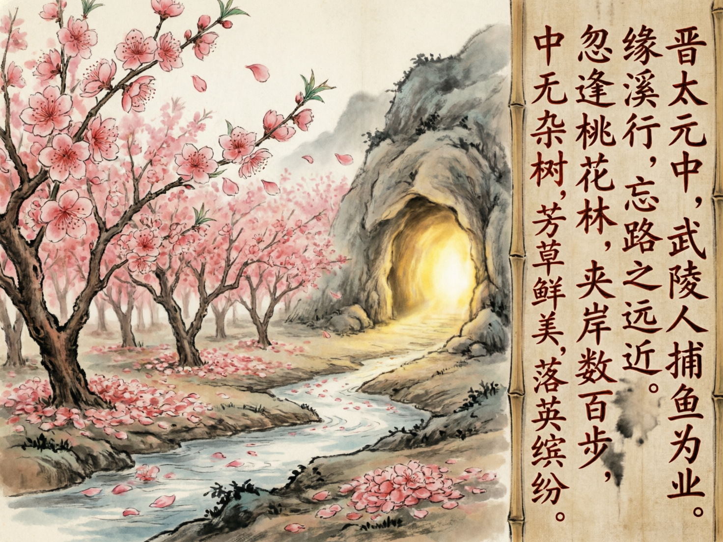 画面中呈现了一幅具有中国水墨画风格的《桃花源记》意境图。左侧是繁茂的桃花林，粉红色的花朵缀满枝头，地面和溪流中散落着片片花瓣，一条清澈的小溪从画面下方蜿蜒流向远方。背景是一座陡峭的土色山峦，山脚下有一个散发着温暖金光的洞口，象征着通往世外桃源的入口。画面右侧是一块仿竹简质感的竖状区域，上面用深红色楷体书写着《桃花源记》的开篇文字。整幅画作色调柔和，以粉、褐、浅绿和金黄为主。

作为 AI 生成的图片，画面存在一些明显的逻辑缺陷：首先是文字排版，右侧的文字虽然清晰，但部分标点符号（如逗号）的形状和位置略显生硬，且文字末尾出现了不明意义的黑色墨迹团。其次，透视关系略显违和，溪流的走向与山洞入口的衔接不够自然。此外，近处桃花的枝干线条在细节处有些杂乱，部分花瓣在空中的漂浮状态缺乏物理真实感，呈现出一种拼贴的视觉效果。