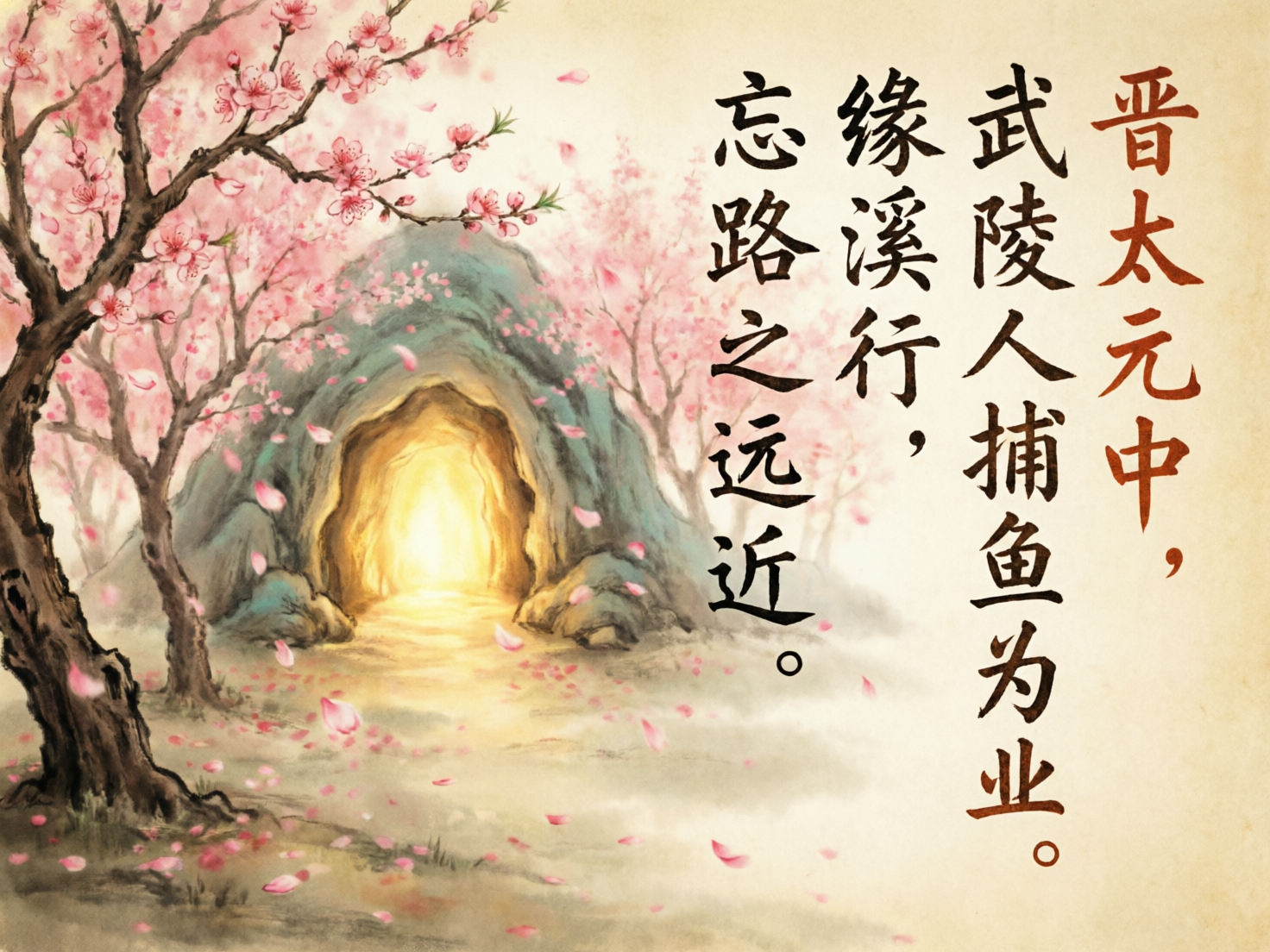 图中展现了一幅具有中国传统水墨韵味的插画，描绘了《桃花源记》中“林尽水源，便得一山，山有小口”的意境。画面左侧是一棵粗壮的桃树，枝头缀满了粉嫩的桃花，花瓣正随风飘落，铺满了地面。中心位置是一个幽深的岩洞入口，洞内透出明亮的暖黄色光芒，仿佛通往另一个世界。背景色调如同泛黄的古旧宣纸，营造出一种宁静而深远的氛围。画面右侧竖排书写着黑色的书法字体，内容为《桃花源记》的开篇名句。

作为 AI 生成的图像，画面存在一些明显的逻辑缺陷：首先是文字部分，虽然大体可辨，但部分笔画存在扭曲和粘连，且文字的排版略显拥挤，不符合传统书法章法；其次，桃树的枝干生长方向略显生硬，部分花瓣在空中的透视关系不够自然，呈现出一种贴纸般的平面感；此外，山洞入口的光影衔接处略显模糊，缺乏真实的岩石质感。