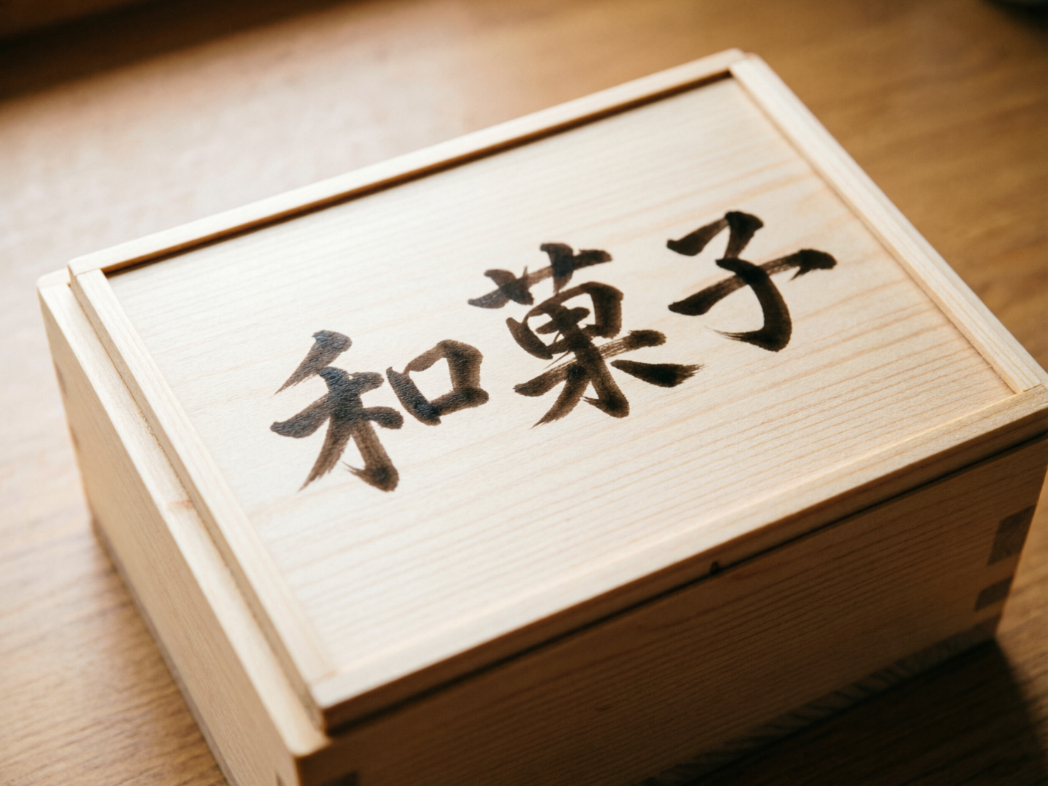 图中展示了一个长方形的浅色木盒，放置在具有自然木纹的桌面上。木盒呈现出淡雅的米黄色，表面有细腻的横向木质纹理。盒盖的正中央用黑色毛笔书写着“和菓子”三个大字，字体带有明显的书法笔触和水墨晕染感，风格古朴。光线从左上方柔和地打在盒子上，营造出温馨、静谧的氛围。在 AI 生成的细节方面，存在一些明显的逻辑缺陷：首先，盒子顶盖的边缘衔接不自然，左侧的边框线条出现了断裂和重叠；其次，盒盖与盒身的接缝处透视关系略显混乱，左下角的木板拼接方式不符合现实中的木工结构，看起来像是几块木头模糊地融合在一起；此外，背景桌面的纹理在靠近盒子底部时出现了不自然的扭曲。