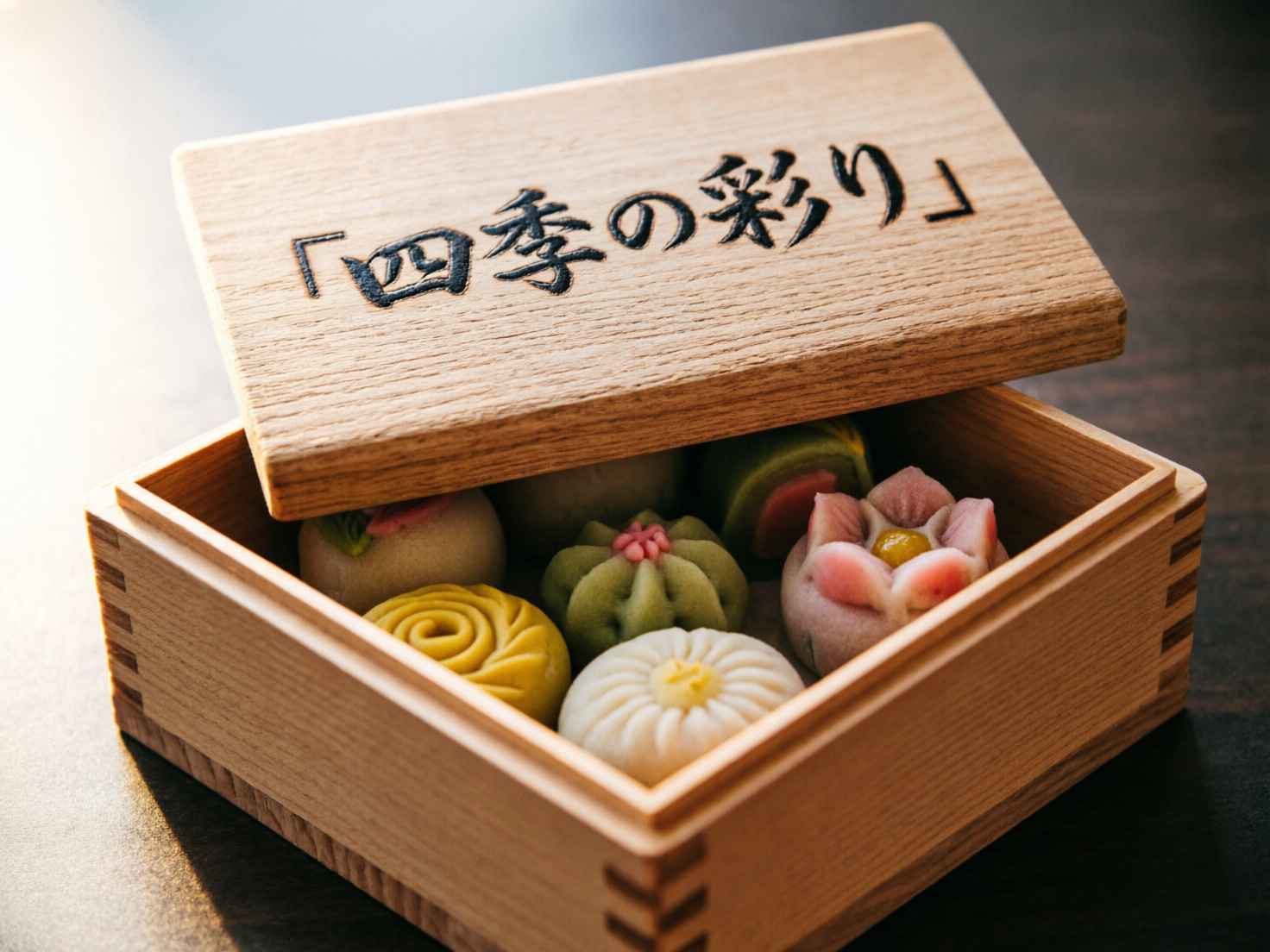 画面中展示了一个精致的浅色木制方盒，盒盖半开，露出里面摆放整齐的日式传统点心“和菓子”。这些点心造型各异，色彩柔和，包括淡粉色的花瓣形、嫩绿色的圆球形、明黄色的螺旋纹样以及纯白色的褶皱圆饼，展现出四季更迭的意象。木盒质感细腻，盖子上刻有黑色的日文书法字体“四季の彩り”（意为四季之彩）。光线从左上方柔和地洒下，营造出一种宁静、雅致的氛围。

作为一张 AI 生成的图片，画面存在一些明显的逻辑缺陷：首先，木盒盖子的支撑方式不符合物理常识，它悬浮在盒子边缘，缺乏明显的支撑点或合页结构。其次，盒盖上的日文字符虽然大体可辨，但笔画末端存在不自然的扭曲和断裂，尤其是“彩”字的右半部分结构模糊。此外，木盒边缘的榫卯结构在透视上略显生硬，部分线条没有完全对齐。