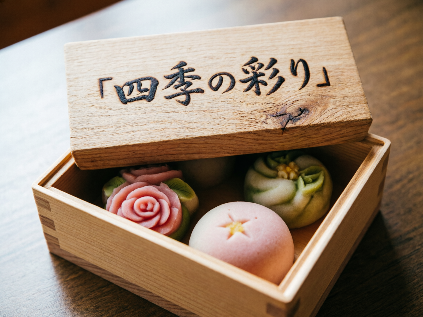 图中展示了一个浅色木质方盒，盒盖半开，露出内部精致的和菓子点心。木盒质感自然，盖子上刻有黑色书法字样「四季の彩り」，意为“四季之彩”。盒内可见三枚造型各异的点心：左侧是一朵粉红色的玫瑰花造型，花瓣层叠，带有绿色叶片；右侧是一个绿白相间的旋涡状点心，顶部点缀着黄色花蕊；前方是一个淡粉色的圆润馒头状点心，中心有一个星形压痕。背景是深色的木纹桌面，光线从左上方斜射，营造出温馨静谧的氛围。

在 AI 生成缺陷方面，画面存在明显的逻辑与透视异常。首先，木盒盖子的尺寸与盒身完全不匹配，盖子显得过短且厚度不均，无法正常覆盖盒口。其次，盖子右下角的木材节疤处纹理混乱，且盖子与盒身的衔接处缺乏合理的物理支撑结构，看起来像是悬浮在点心上方。此外，盒盖上的文字笔画在细节处略显生硬，缺乏真实雕刻或书写的自然连贯感。