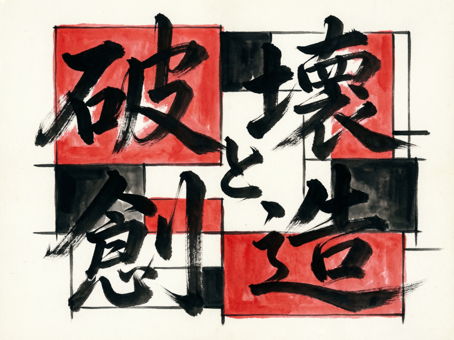 画面中呈现的是一幅结合了现代几何抽象与传统书法风格的视觉作品。背景由米白色的纸张底色构成，其上分布着数个红色与黑色的实心矩形块，并交织着纤细的黑色直线，整体构图带有蒙德里安式的网格感。画面中心横跨着五个巨大的黑色毛笔书法汉字，字迹苍劲有力，带有明显的飞白效果。

从左上顺时针方向看，文字内容大致为“破坏”、“创造”，中间夹杂着日文平假名。然而，作为 AI 生成的图像，文字部分存在明显的逻辑缺陷：左下角的“创”字结构扭曲，部首与主体连接异常；右下角的“造”字下半部分笔画模糊，且与背景色块的边缘融合得极不自然。此外，背景的黑色直线在穿过色块时出现了断裂和粗细不均的透视异常，部分色块的边缘溢色明显，显示出 AI 在处理复杂笔触与几何图形叠加时的局限性。