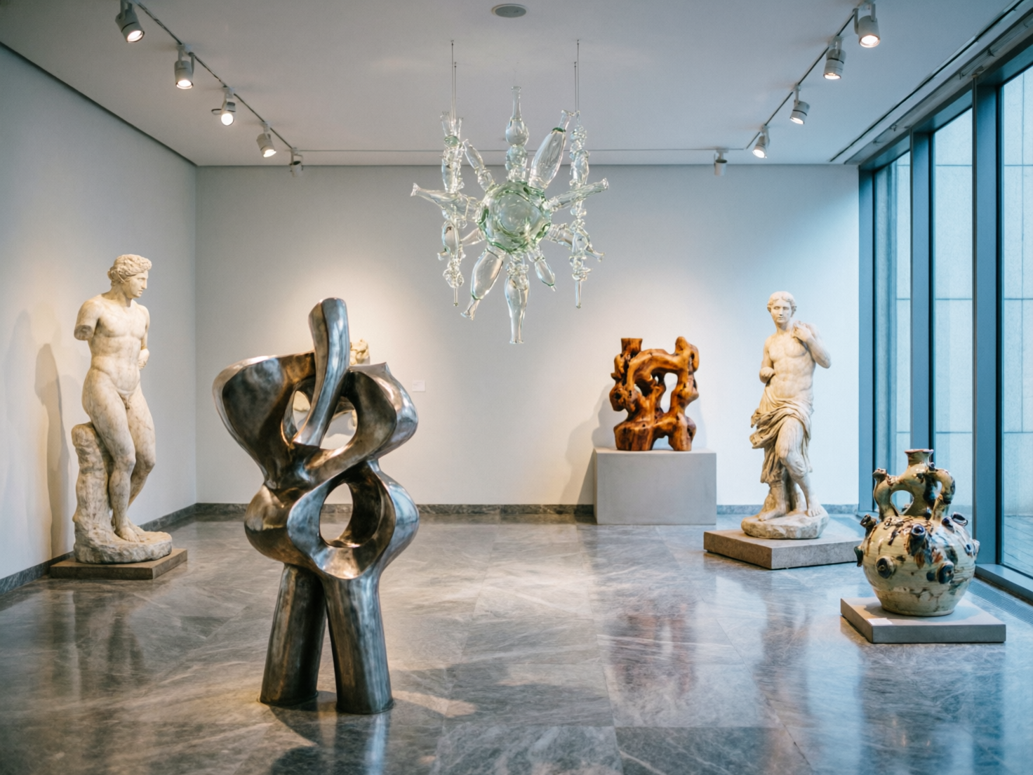 图中展示了一个明亮且现代化的艺术展览厅，室内铺设着带有大理石纹理的灰色抛光地板。画面中央悬挂着一件由透明玻璃瓶组成的放射状艺术装置，形似一颗发光的恒星。展厅内错落有致地摆放着多件风格迥异的雕塑：左侧是一尊仿古希腊风格的男性石膏像；前方是一个巨大的金属色抽象扭曲雕塑；背景处有一件棕色的根雕艺术品；右侧则立着另一尊披着长袍的人像雕塑和一件带有斑点的陶瓷器皿。右侧的大落地窗引入了充足的自然光。

在 AI 生成的细节方面，画面存在明显的逻辑与结构缺陷。首先，天花板上的轨道射灯排列杂乱，部分灯头指向异常，且左侧灯轨与墙面的连接处透视不自然。其次，中央悬挂的玻璃装置结构模糊，瓶状物之间的连接缺乏物理支撑感。最明显的缺陷在于雕塑的细节：左侧石像的肢体末端模糊不清，右侧石像的手部和面部轮廓扭曲，缺乏真实雕塑的质感，且地面上的阴影投射方向与光源位置不完全匹配。