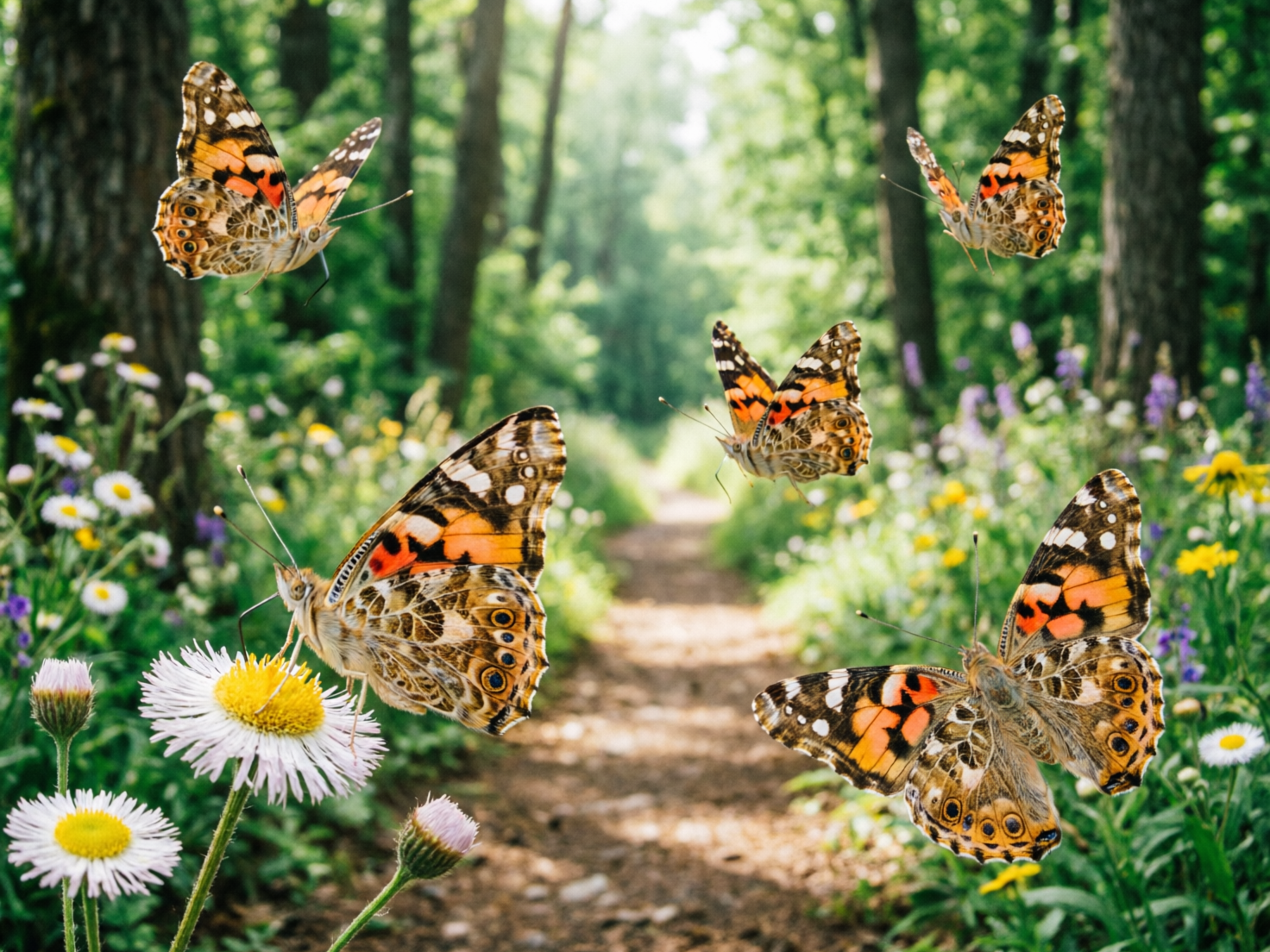 图中展示了一幅充满生机的森林小径景象。画面中央是一条向远处延伸的泥土小路，两侧簇拥着茂密的绿色植被和五颜六色的野花，包括白色的小雏菊和紫色的花朵。五只色彩斑斓的蝴蝶在林间翩翩起舞，它们的翅膀呈现出橙色、黑色和白色的花纹，细节丰富。阳光穿过背景中高大的树木，营造出一种柔和而明亮的氛围。

然而，画面中存在明显的 AI 生成缺陷。左下角停在雏菊上的蝴蝶，其触角和口器与花蕊的连接方式显得生硬且不自然，且该蝴蝶的身体结构模糊，缺乏真实的解剖学逻辑。右下角的蝴蝶翅膀边缘出现了重叠和透视错误，看起来像是几层翅膀生硬地叠加在一起。此外，画面中蝴蝶的大小比例与环境略显失调，部分蝴蝶看起来像是直接粘贴在背景上的贴纸，缺乏与环境光影的深度融合感。