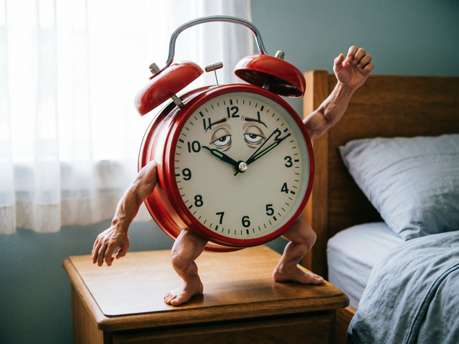 图中展示了一个具有超现实风格的拟人化闹钟，它正站在卧室的木质床头柜上。这个闹钟拥有鲜红色的金属外壳和顶部的双铃铛结构，但令人惊讶的是，它的身体两侧长出了肌肉发达的人类手臂，底部则是一双粗壮的人类双腿。闹钟的表盘上画有一张疲惫不堪的卡通脸孔，耷拉着眼皮，显得极度困倦。背景是温馨的卧室，可以看到木质床头和浅蓝色的被褥，阳光透过白色的纱帘洒在柜面上。

画面中存在明显的 AI 生成缺陷：闹钟左侧的手部手指数量异常且扭曲，呈现出不自然的重叠感；右侧举起的手臂肌肉线条过于僵硬，指节模糊。此外，表盘上的数字排列存在逻辑错误，数字“12”下方紧接着出现了另一个“12”，且部分刻度线分布不均。闹钟的腿部与柜面的接触点缺乏自然的阴影过渡，显得有些漂浮。
