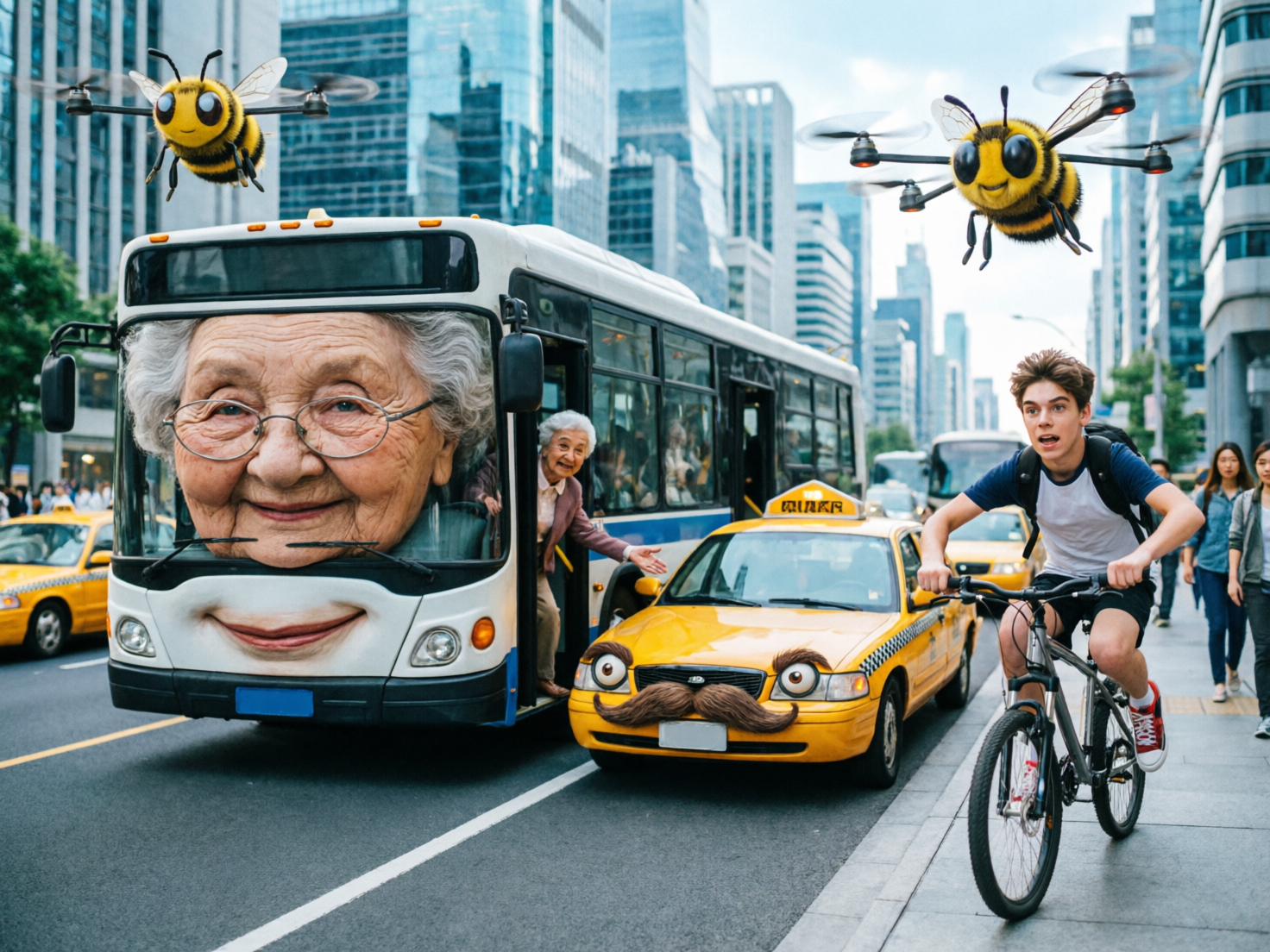 画面中展示了一个充满超现实幻想色彩的繁忙城市街景。视觉中心是一辆巨大的白色公交车，其挡风玻璃位置竟是一张慈祥老奶奶的巨型脸庞，车头保险杠处还带有一抹微笑。紧挨着它的是一辆黄色出租车，车灯变成了带有睫毛的眼睛，格栅处贴着夸张的棕色胡须。右侧一名少年正惊恐地骑着自行车。天空中盘旋着两只巨大的“蜜蜂无人机”，它们有着蜜蜂的身体和螺旋桨。背景是高楼林立的现代化都市，色调明亮清晰。

这张图片存在明显的 AI 生成缺陷：首先，公交车门处的老奶奶身体与车内空间衔接极其不自然，仿佛悬浮在空中；其次，右侧少年的右手手指模糊且扭曲，与车把的握持关系混乱；黄色出租车顶部的灯牌文字是无法辨认的乱码；远处背景中的行人和车辆存在透视错误，部分肢体残缺或重叠。整体构图虽然奇特，但物体间的物理逻辑存在多处断裂。