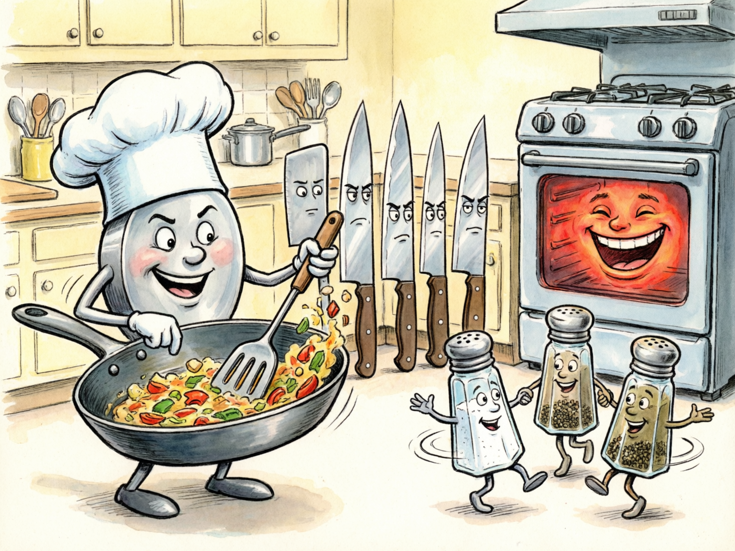 图中展现了一个充满拟人化厨具的卡通厨房场景，整体采用水彩勾勒风格，色调明快。画面左侧，一个戴着白色厨师帽的平底锅正咧嘴大笑，它长着手脚，正熟练地挥舞铲子翻炒锅中的蔬菜。画面右下角，三个调料瓶手拉手欢快地跳舞。背景中，烤箱内部的火焰幻化成一张大笑的脸，而一排直立的菜刀则表情严肃甚至有些愤怒地注视着这一切。

在 AI 生成细节方面，存在几处明显的逻辑与透视缺陷：首先，主厨平底锅左手握着的铲子手柄与锅内实际翻炒的铲头在结构上完全断开，互不相连；其次，背景中的四把菜刀虽然刀柄着地，但其透视角度非常生硬，仿佛漂浮在地面上；最右侧跳舞的调料瓶手臂连接处显得扭曲且不自然。此外，灶台左侧的橱柜线条与背景墙面的衔接也存在透视错位。