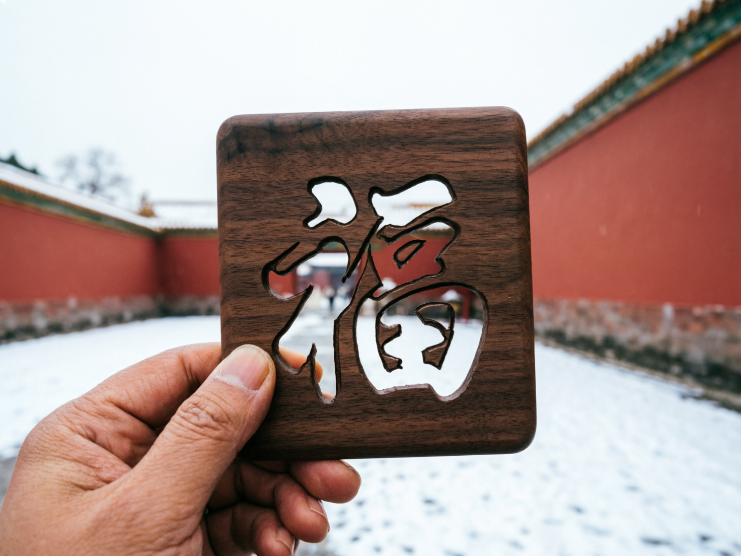 图中展示了一只手拿着一块方形的深色木牌，背景是雪后的中式古建筑院落。木牌中心镂空刻有一个汉字“福”，透过镂空处可以看到远处的红墙和白雪。背景中的红墙色泽浓郁，地面覆盖着一层薄薄的积雪，整体构图呈现出一种宁静的冬日氛围。然而，画面中存在明显的 AI 生成缺陷：首先，手持木牌的方式极不自然，大拇指的指甲形状扭曲，且手指的关节纹路显得生硬。其次，最明显的错误在于镂空的“福”字，其笔画结构完全错误，左侧的“示字旁”多出了一横，右侧的“田”字内部构造也发生了严重变形，不符合汉字的标准书写。此外，背景中的红墙与地面的衔接处透视略显模糊，缺乏真实的物理质感。