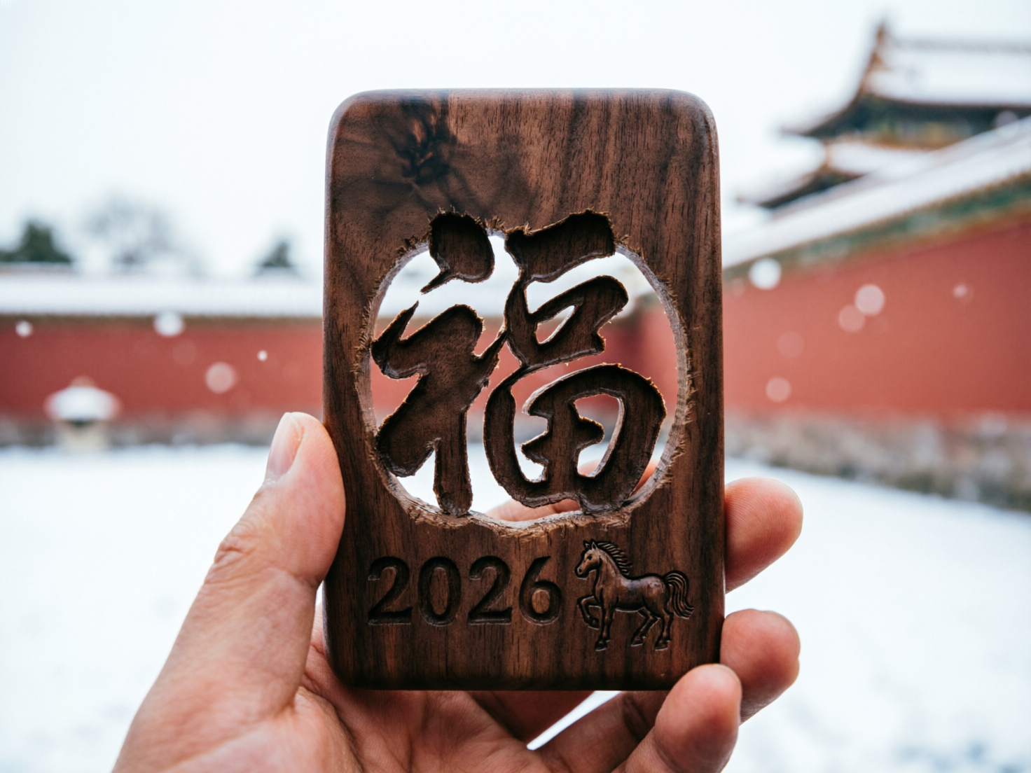 画面中，一只手正握着一块深褐色的长方形木牌，背景是雪后的中式古建筑。木牌中心采用了镂空工艺，雕刻出一个巨大的汉字「福」，下方刻有数字「2026」和一匹奔马的图案。背景呈现出故宫风格的红墙与覆雪的屋顶，雪花在空中飞舞，整体色调古朴且富有冬日气息。构图上，木牌位于画面中心，手部从左下方切入。

这张图片存在明显的 AI 生成缺陷：首先，木牌上的「福」字结构异常，笔画断裂且不符合常规书法逻辑，镂空边缘显得粗糙且不自然；其次，左侧持牌的手指比例失调，指尖形状模糊，指缝连接处缺乏真实的解剖结构；此外，木牌下方的「2026」数字刻痕深浅不一，马匹图案的线条也显得机械且缺乏细节。背景中的红墙与白雪交界处存在轻微的透视扭曲，雪花颗粒分布过于均匀，缺乏真实的景深层次感。