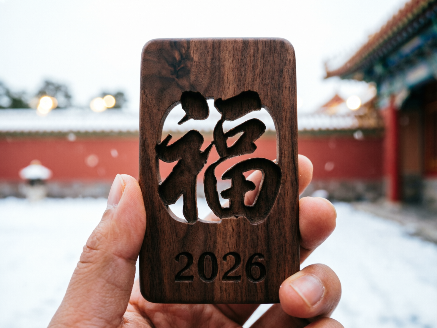 图中展示了一只手正握着一块深褐色的长方形木牌，背景是充满中式风情的雪中宫殿。木牌中心采用了镂空工艺，雕刻出一个大大的「福」字，下方刻有数字「2026」。背景中可以看到红色的宫墙和覆盖着白雪的地面，远处还有模糊的古建筑屋檐，整体色彩以木头的深棕、宫墙的朱红和积雪的洁白为主，构图简洁且具有节日氛围。

然而，画面中存在明显的 AI 生成缺陷：首先是手部结构异常，握住木牌右侧的手指数量和排列显得不自然，指甲形状模糊且与皮肤连接处生硬。其次，木牌上的「福」字雕刻逻辑有误，部分笔画在镂空状态下竟然悬空，没有物理支撑却能固定在框架内，不符合现实中的木雕常识。此外，背景中的红墙与地面的交界处透视略显模糊，文字「2026」的刻痕深浅也不够均匀。