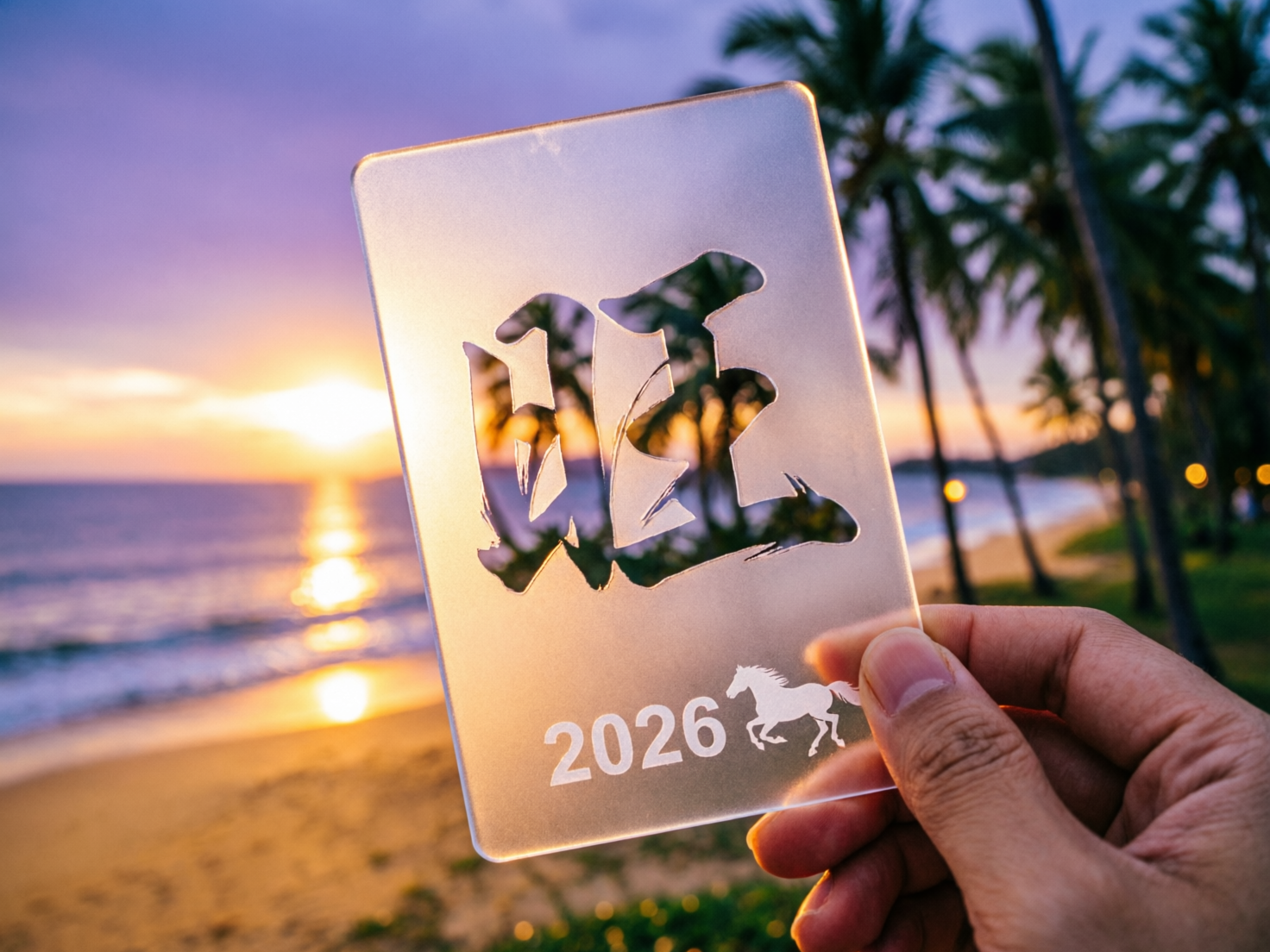 图中展示了一幅在热带海滩日落时分拍摄的画面。一只右手拿着一张半透明的磨砂质感卡片，卡片中心镂空刻有一个巨大的书法风格汉字，夕阳的光芒穿过镂空处，显得格外明亮。卡片右下方印有白色数字“2026”和一匹奔马的剪影。背景是波光粼粼的大海、金色的沙滩和几棵高耸的棕榈树，天空呈现出紫色与橙色交织的绚丽色彩。

画面中存在明显的 AI 生成缺陷：首先，卡片中心镂空的汉字结构混乱，并非真实的汉字，笔画断裂且逻辑不通；其次，右下角的马匹剪影比例略显僵硬，且“2026”与马年的对应关系在传统生肖中并不准确（2026年应为马年，但此处设计感较为生硬）；最明显的缺陷在于手部，大拇指的指甲形状异常，且手指与卡片接触的边缘光影处理不自然，缺乏真实的压迫感。此外，背景中远处的灯光光斑分布略显杂乱。