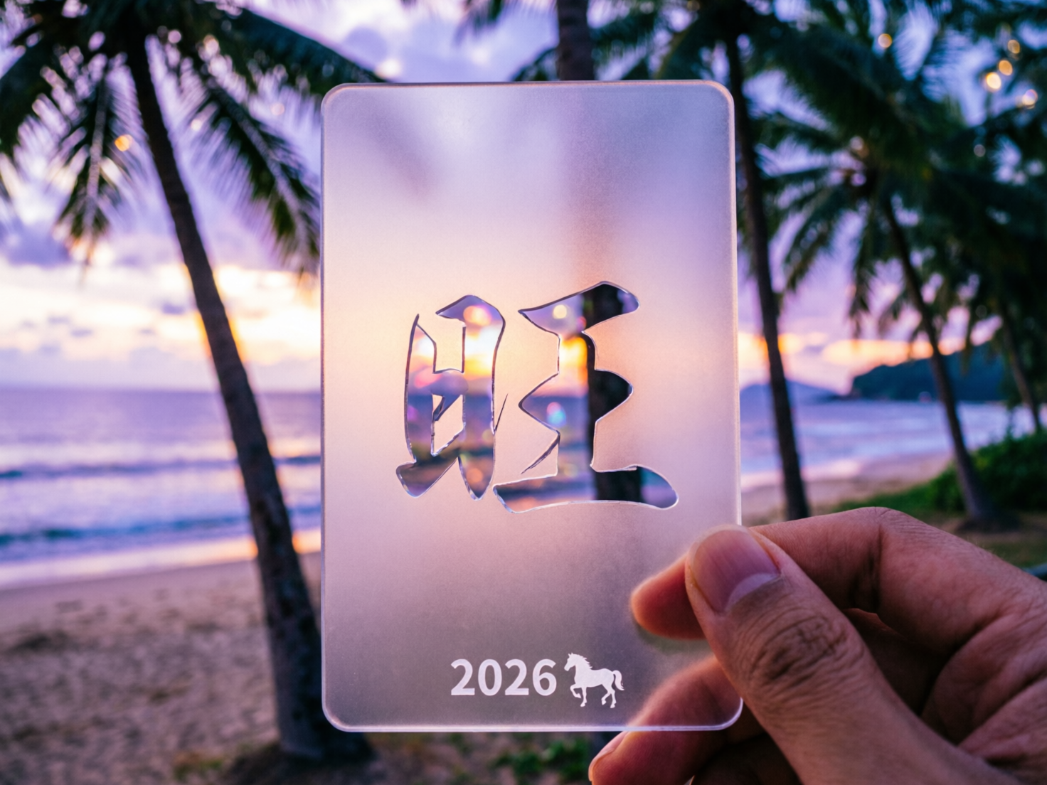 图中展示了一只右手拿着一张半透明磨砂材质的矩形卡片，背景是黄昏时分的迷人海滩。卡片中心有一个镂空的汉字，形状接近“旺”字，透过镂空可以看到背景中绚丽的夕阳余晖。卡片底部印有白色文字“2026”以及一个马的剪影图标。背景中有高大的棕榈树剪影、淡紫色的天空、平静的海面和沙滩，整体色调呈现出温馨的紫色与橙色交织。在 AI 生成的细节方面，画面存在明显的逻辑错误：首先，镂空的汉字结构并不标准，笔画连接处显得生硬且不符合书法逻辑；其次，底部马的剪影与 2026 年并不匹配，因为 2026 年是中国农历马年，但画面中的马形图标边缘略显模糊。此外，持卡的手指纹理在阴影处显得有些不自然，指甲的形状与边缘处理也带有典型的 AI 渲染痕迹。