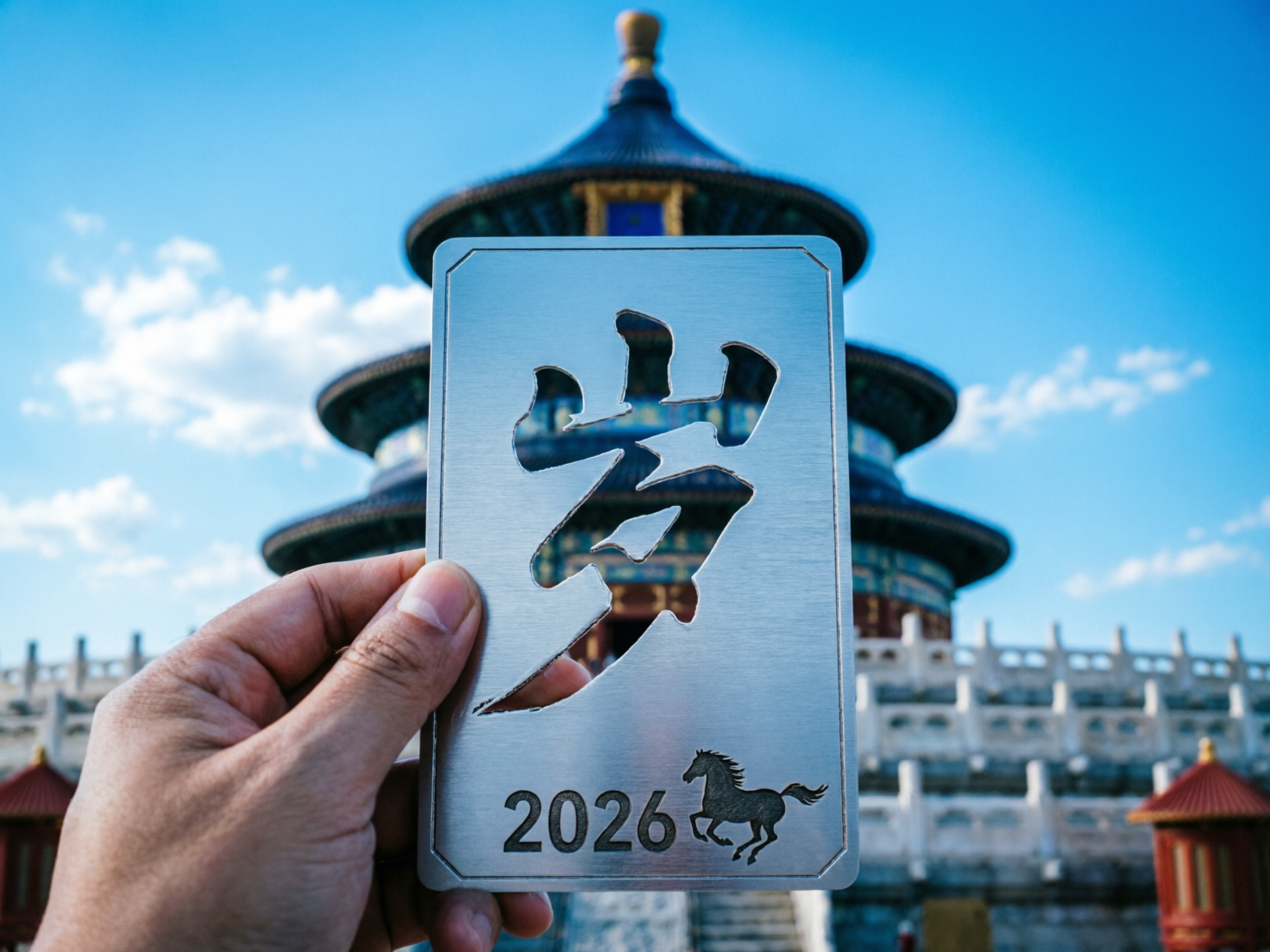 图中展示了一只左手拿着一块长方形金属镂空板，背景是北京天坛祈年殿。画面构图采用中心对称，背景的天坛在蓝天白云下显得庄严，但被刻意模糊处理，以突出前景。金属板呈银灰色，拉丝质感，中间镂空了一个巨大的汉字。下方刻有数字“2026”和一匹奔跑的马的剪影。整体色调明亮，天空呈现纯净的深蓝色。

画面中存在明显的 AI 生成缺陷：首先，金属板中间镂空的汉字结构异常，虽然形似“岁”字，但笔画断裂且不符合常规书法或字体逻辑，显得支离破碎。其次，手部细节处理不自然，大拇指的指甲形状略显生硬，且手指与金属板边缘的接触感缺乏真实的物理受力细节。最后，2026年在中国农历中应为马年，虽然画面中出现了马的图案，但金属板边缘的线条在左下角处有轻微的扭曲和不连贯。