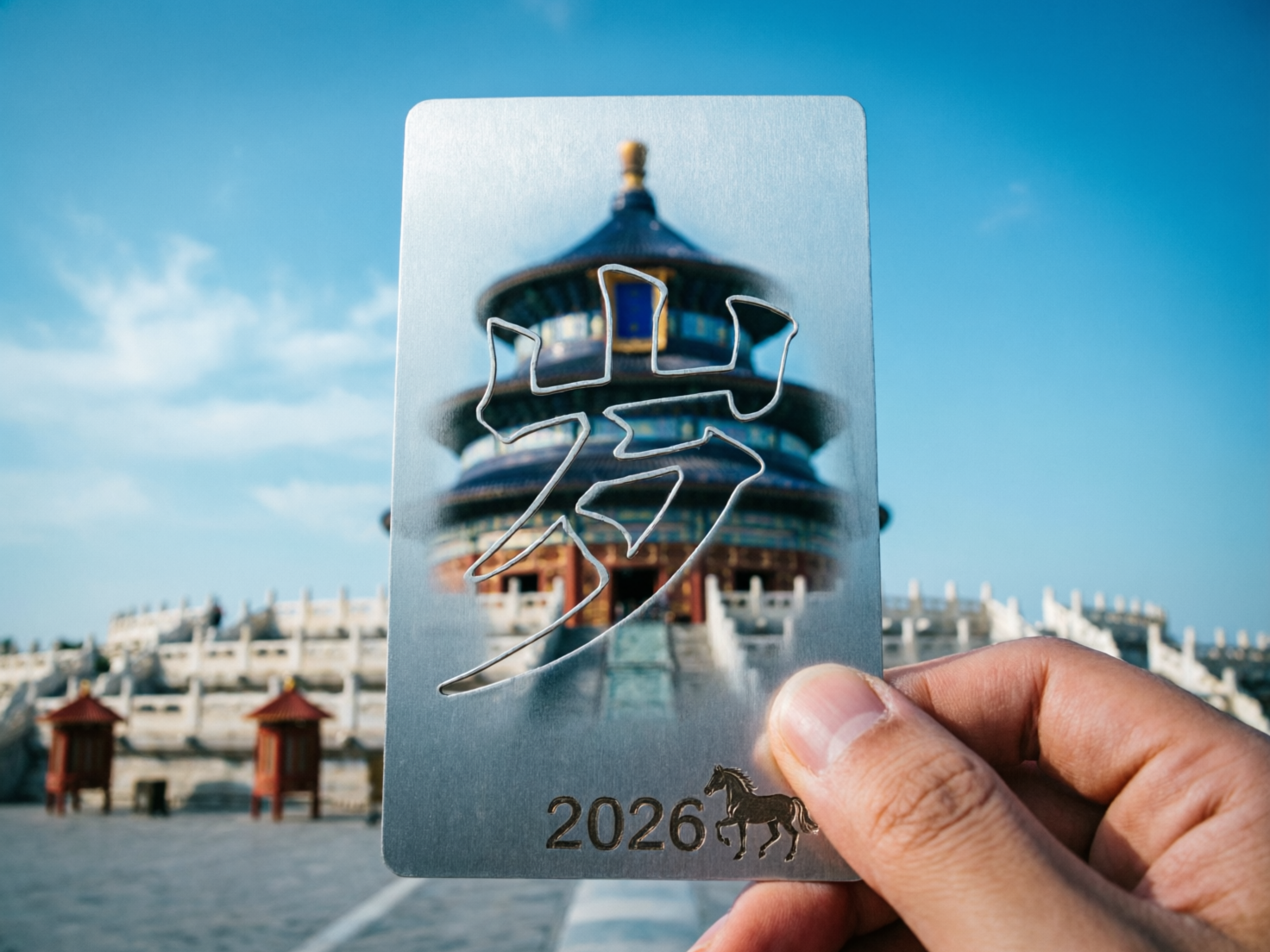 图中展示了一只右手拿着一张银色金属镂空卡片，背景是北京天坛祈年殿。卡片中心镂空了一个草书风格的汉字，透过镂空部分可以看到远处被虚化的天坛建筑，卡片底部刻有数字“2026”和一匹马的剪影。背景天空湛蓝，云朵稀疏，阳光充足。构图上，卡片位于画面中央，手部从右下角伸入。这张图片存在明显的 AI 生成缺陷：首先，卡片中心的镂空汉字笔画结构混乱，并非标准的“岁”或其他汉字，且镂空边缘与背景的虚化衔接极不自然，出现了诡异的重影和扭曲；其次，卡片底部的数字“2026”与马的剪影本应对应马年，但实际公历 2026 年是马年，这在逻辑上虽通，但马的腿部线条模糊。最明显的错误在于持卡的手指，大拇指的指甲形状异常，且手指与卡片接触的受力感不真实，显得有些僵硬。
