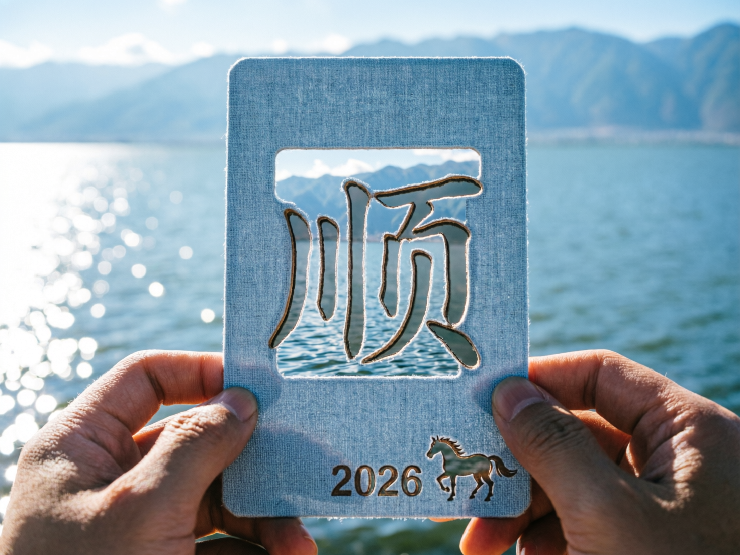 图中展示了一双人手正举着一张浅蓝色布艺纹理的镂空卡片，背景是波光粼粼的湖泊与远处的连绵群山。卡片中心镂空出了一个巨大的汉字「顺」，透过字迹可以看到后方的湖水。卡片下方还镂空有数字「2026」和一匹奔马的图案，整体构图平衡，色调清新自然，阳光在水面上形成了明亮的波光。

在 AI 生成的细节方面，存在几处明显的逻辑缺陷：首先，镂空的汉字「顺」和下方的数字、马匹图案在物理结构上是完全悬浮的，没有任何连接点支撑这些内部零件，这在现实的剪纸或镂空工艺中是不可能实现的。其次，画面下方左右两只手的肤色和纹理略有差异，且左侧大拇指的指甲形状不够自然。此外，卡片边缘的布料纤维感在某些部位显得过于规整或模糊，缺乏真实切割的物理质感。